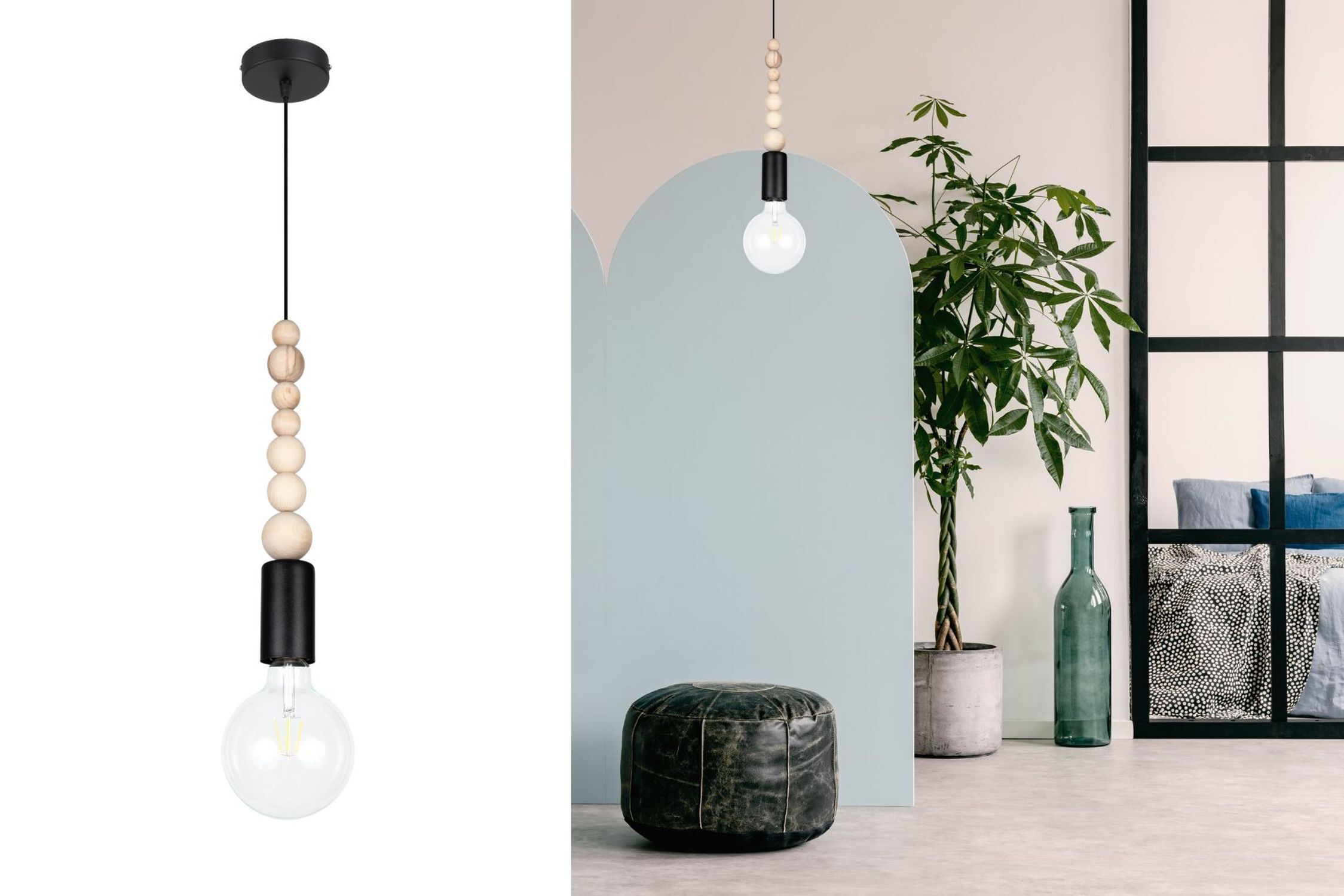 Lampe à suspendre bois métal noir E27 Ø10 cm rond confortable Lampe, Pflanze