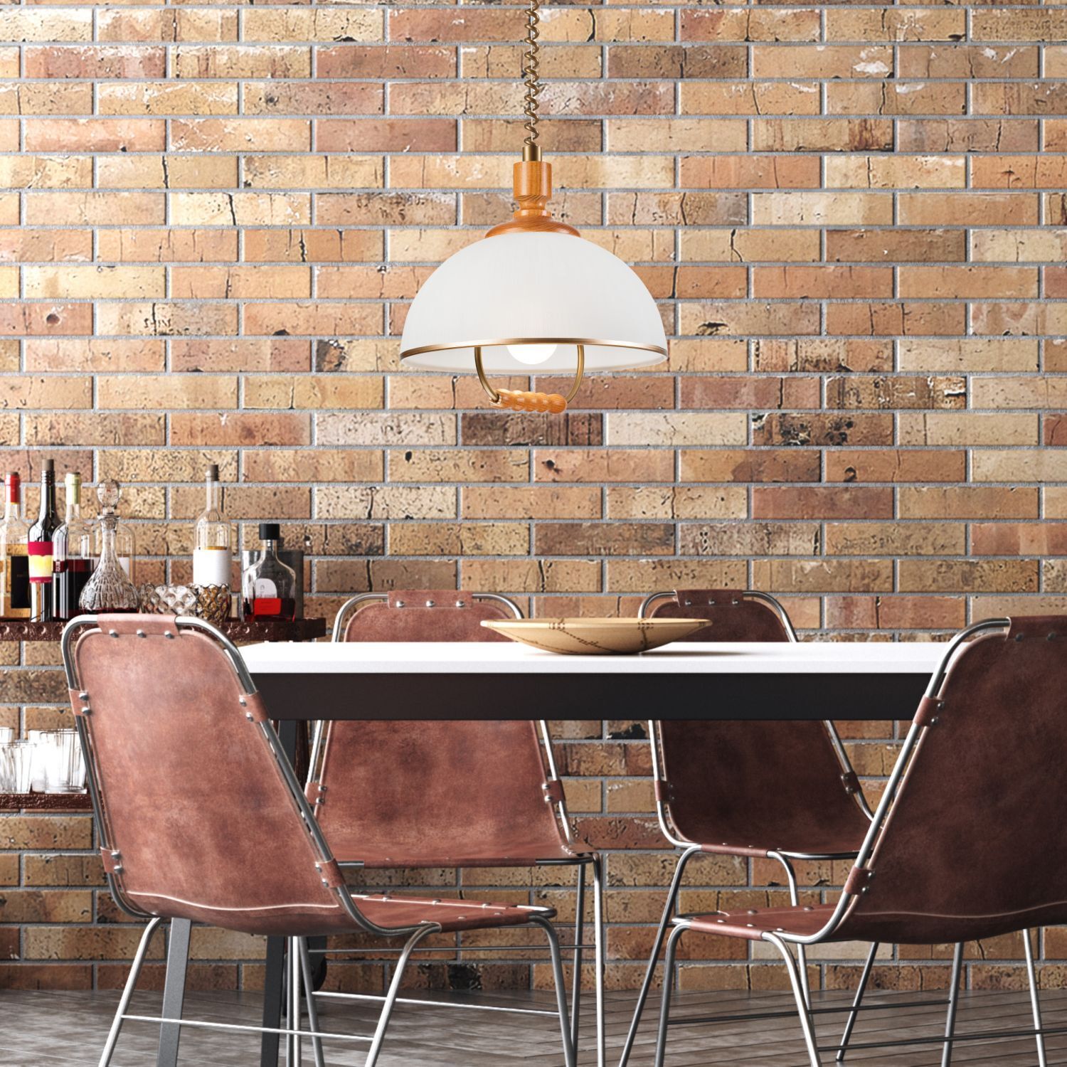 Runde Pendelleuchte Glas Holz E27 Ø30 cm in Kiefer Weiß Pfeiler, Ziegelwand, Esstisch, hängende Lampe, Ledersessel