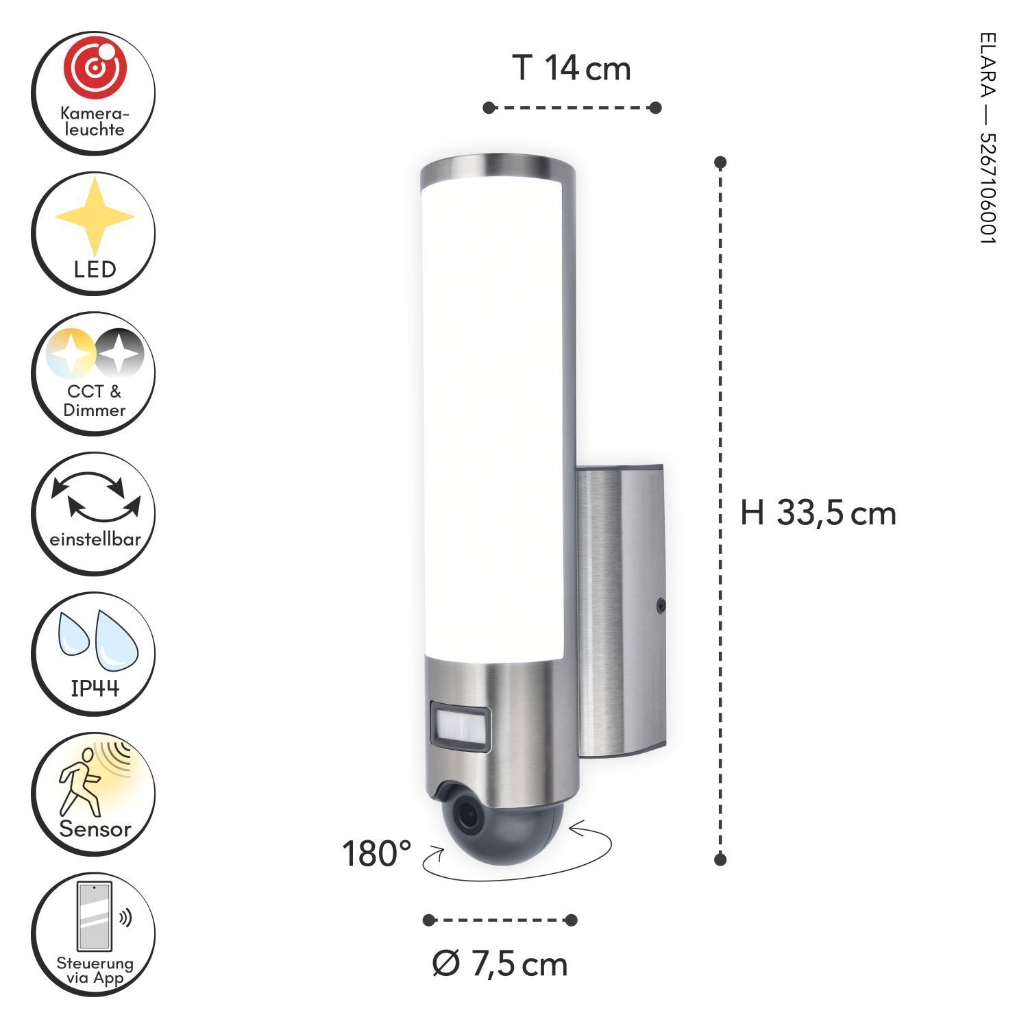 Lampe d'extérieur LED à détecteur de mouvement en acier inoxydable IP44 dimmable