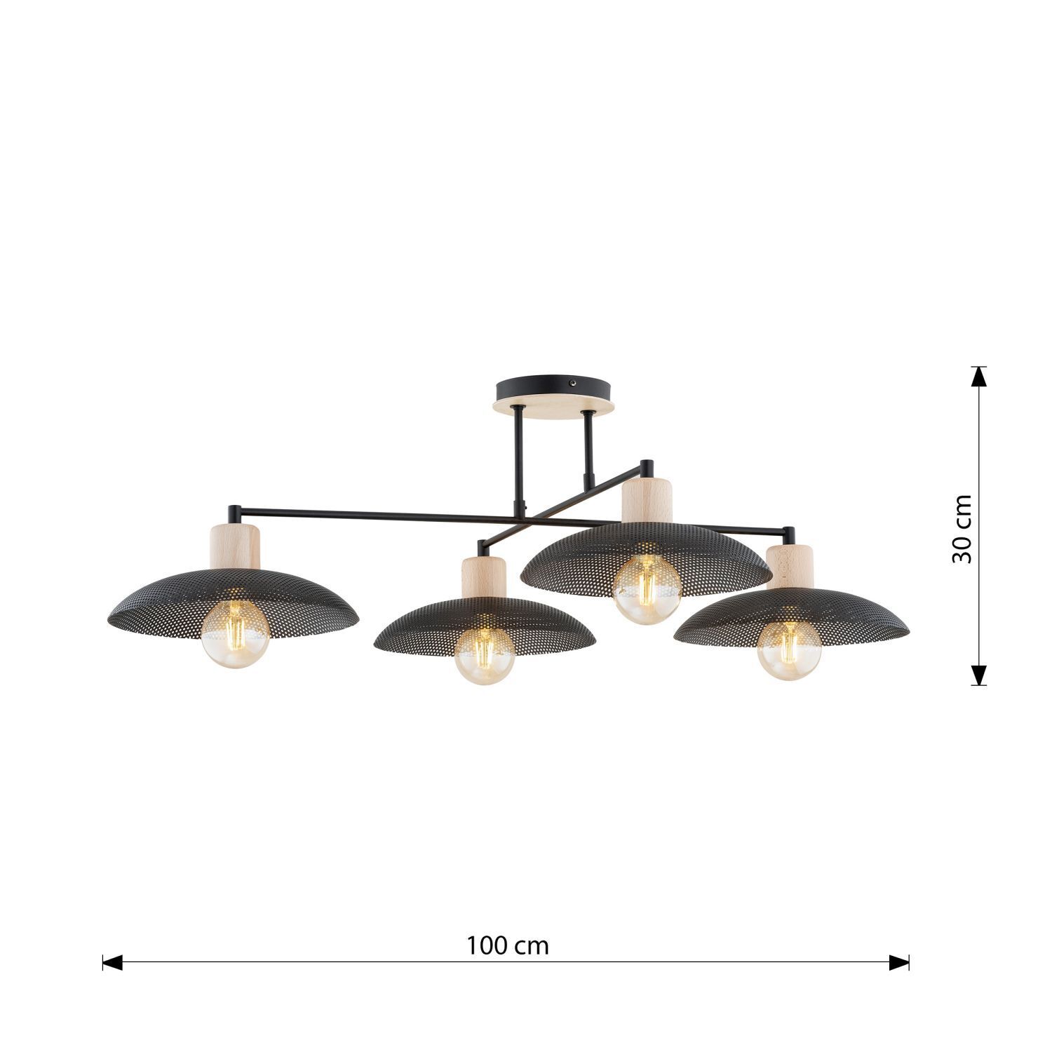 Plafonnier noir imitation bois 100 cm de long métal E27 4 flammes