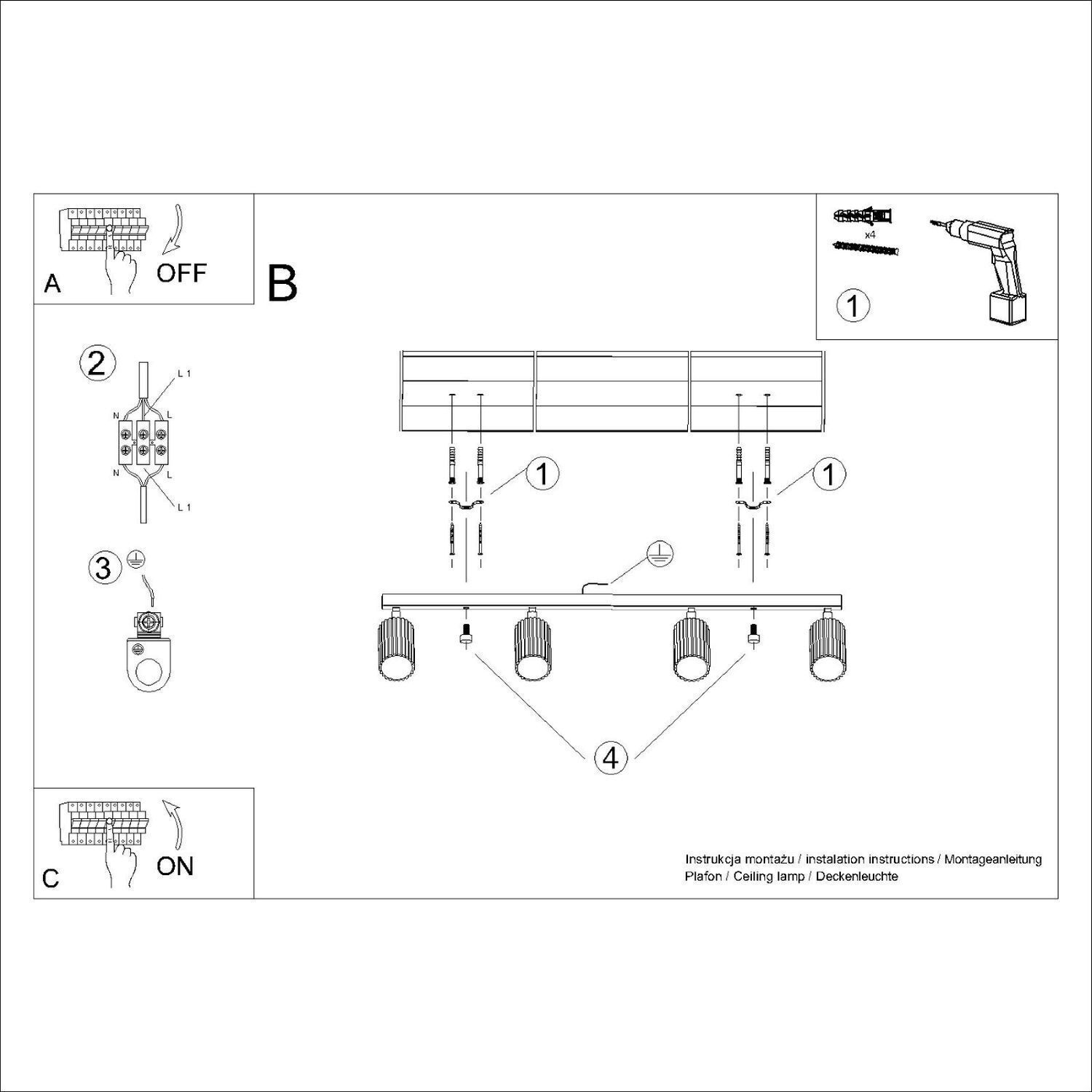 Deckenstrahler 4-flammig 81 cm lang schwenkbar GU10 Rot CAD-Diagramm, Diagramm