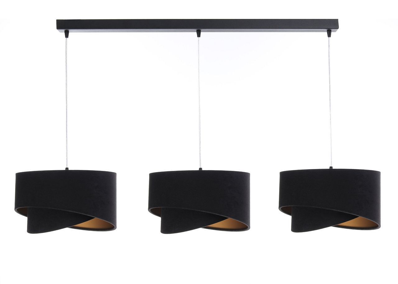 Suspension tissu 3 flammes tissu noir or E27