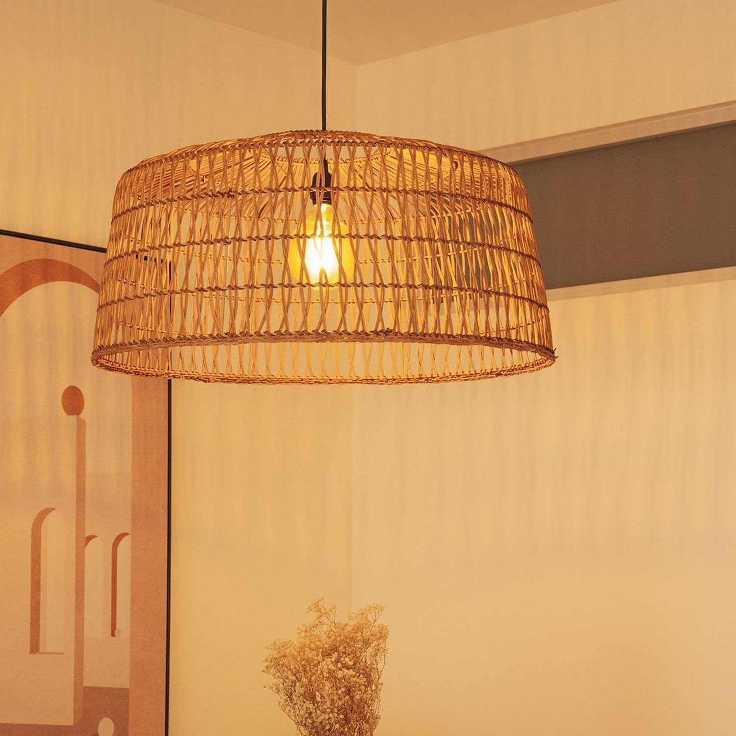 Pendelleuchte Rattan E27 groß Ø 79 cm rund in Natur Boho Lampe, Kronleuchter