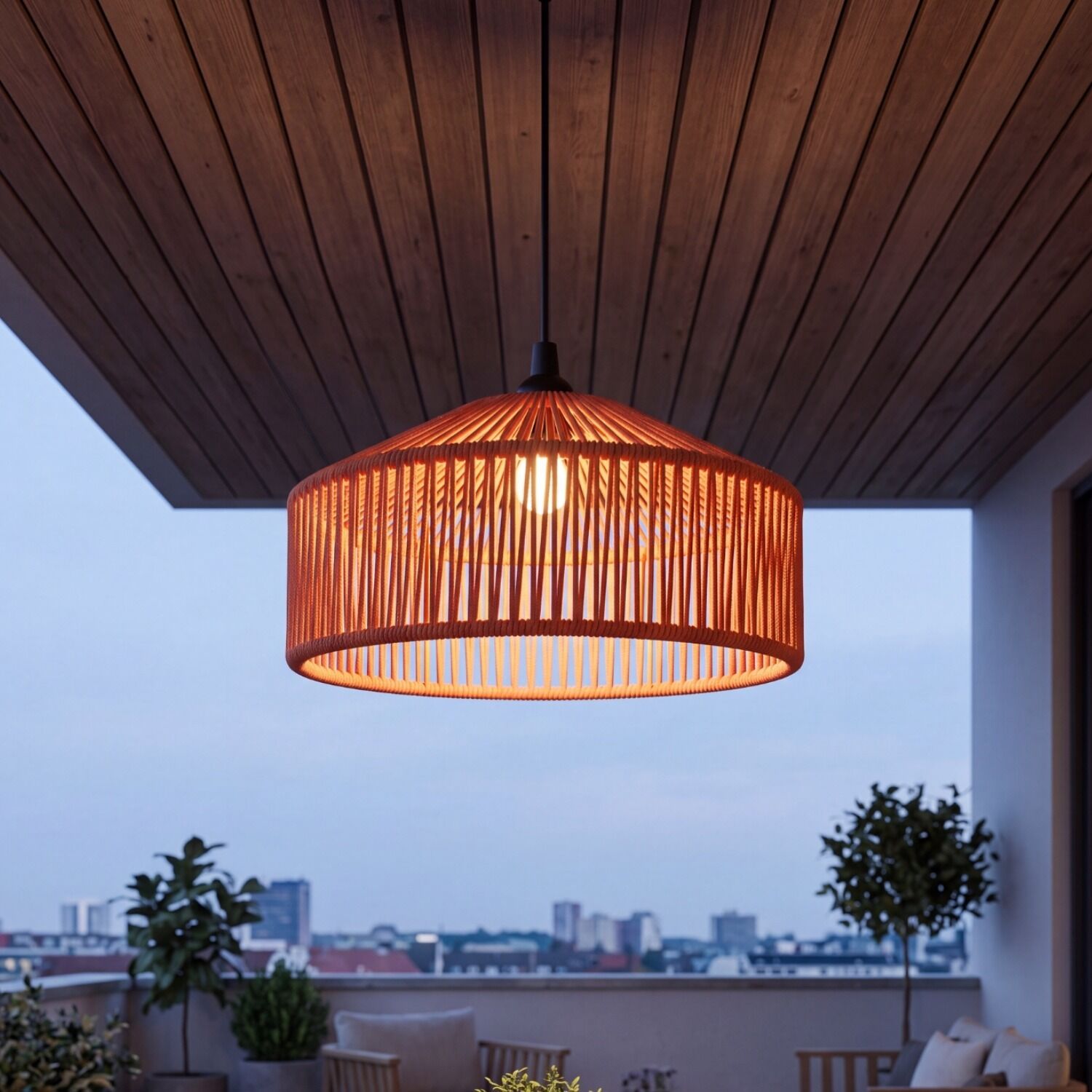 Lampe à suspendre extérieure E27 IP54 Ø 30 cm en terre cuite Abat-jour en corde