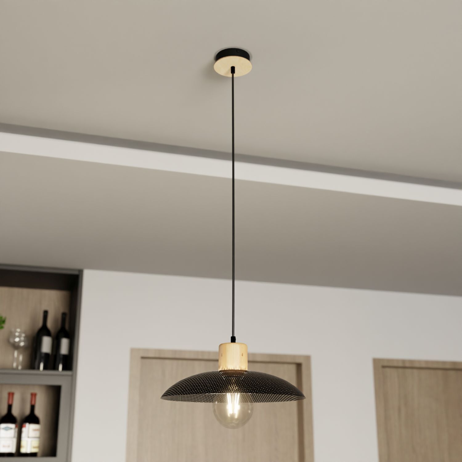 Lampe à suspendre métal Ø 30 cm noir imitation bois E27 Loft