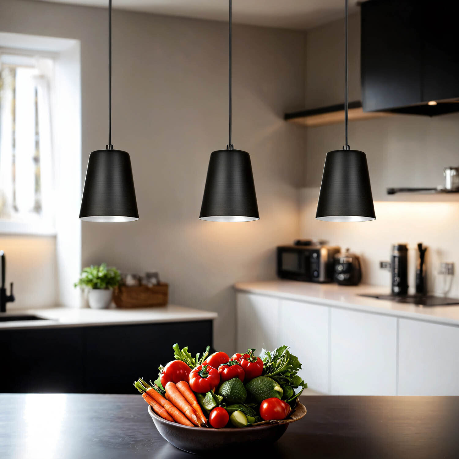 Lampe à suspendre avec abat-jour Noir Métal 3-flamme E27 Beleuchtung, Drinnen, Küche