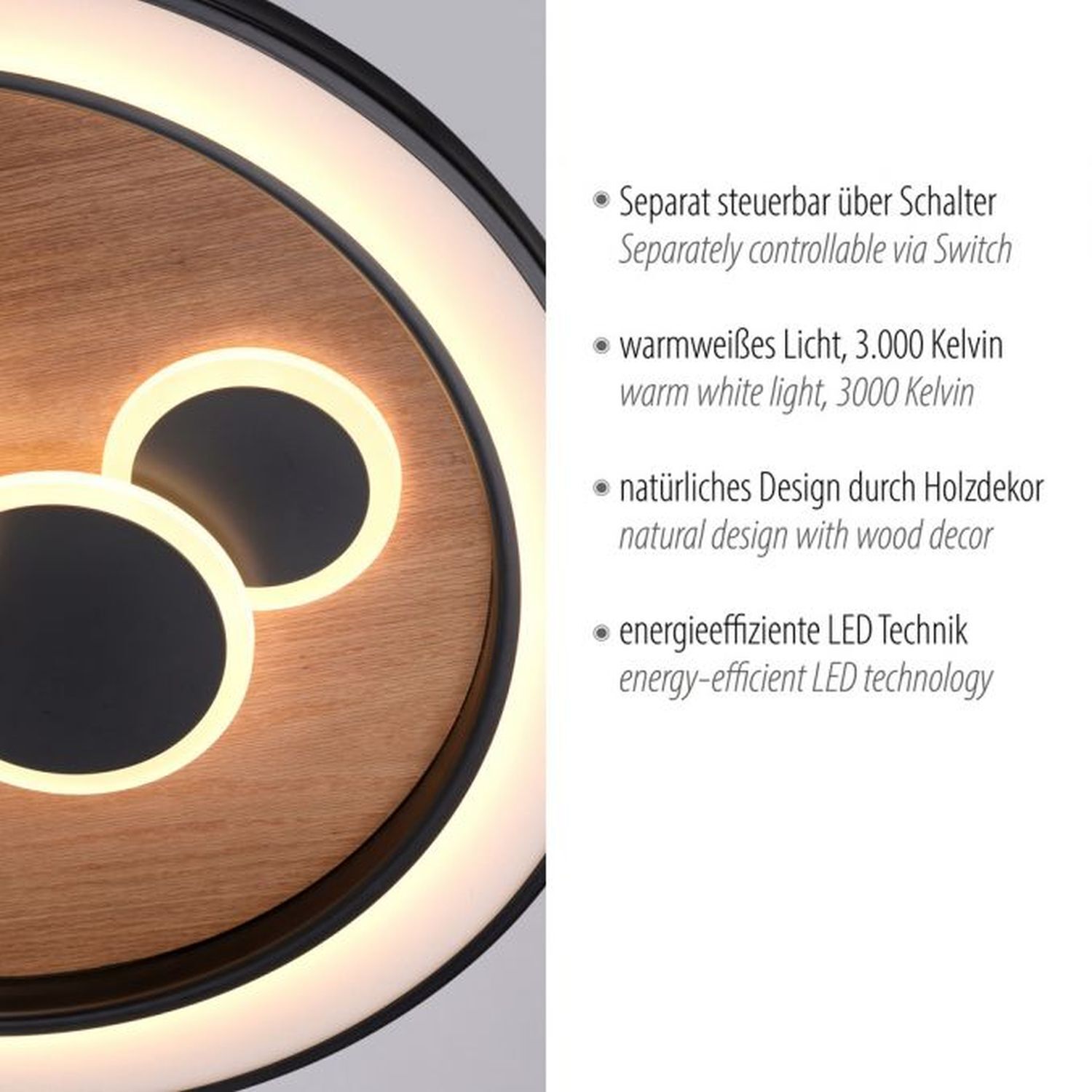 Lampe de plafonnier LED ronde bois noir interrupteur série 3000 K Holz