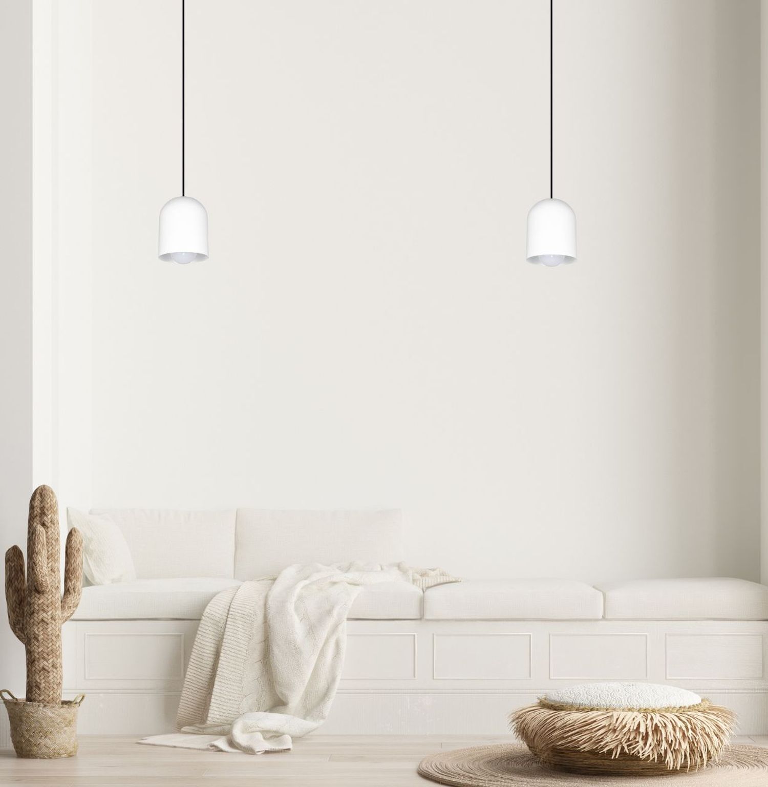 wohnzimmer, sofa, weiß, hängelampen, deko