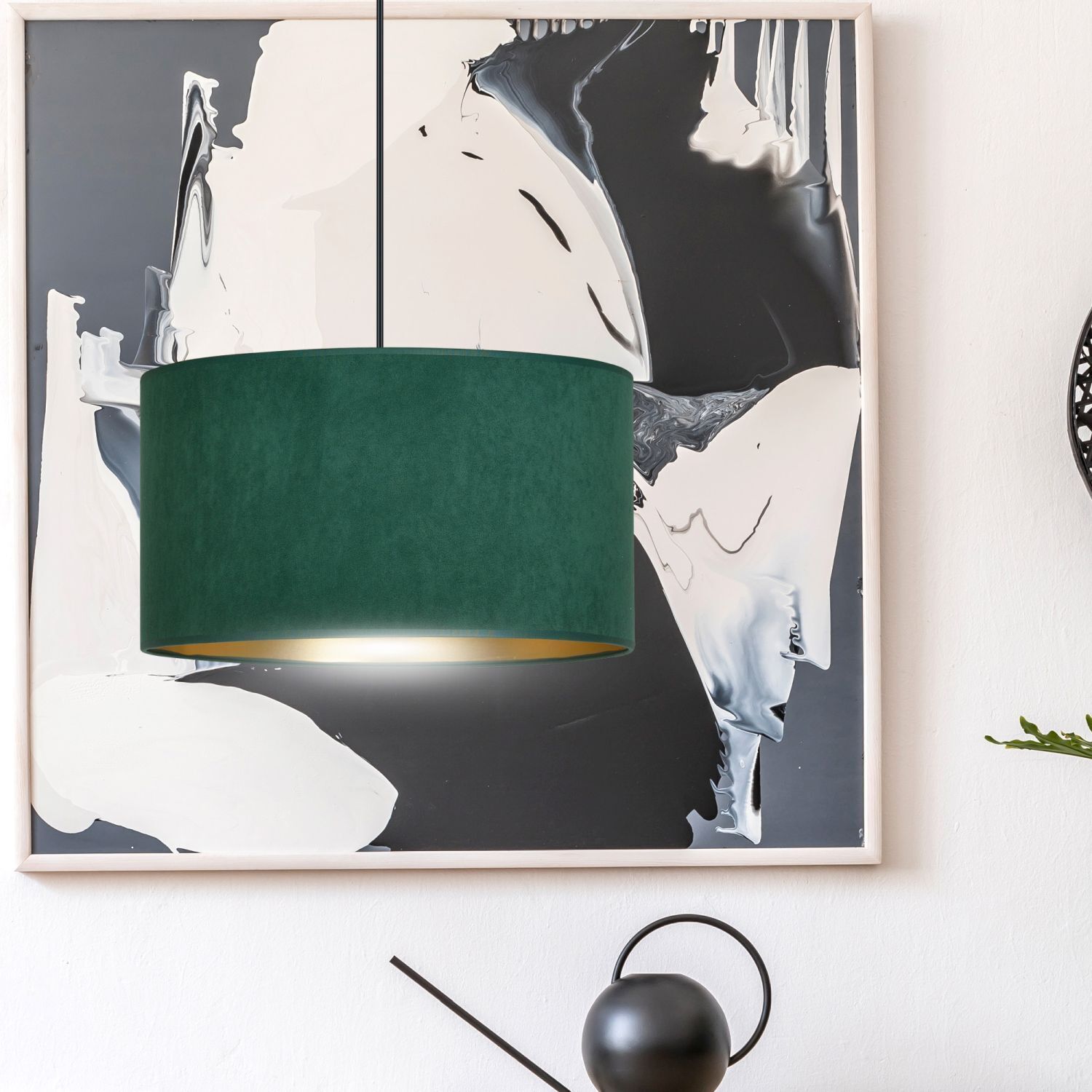 Suspension Vert Or Noir Ø 35 cm rond E27 Tissu Métal