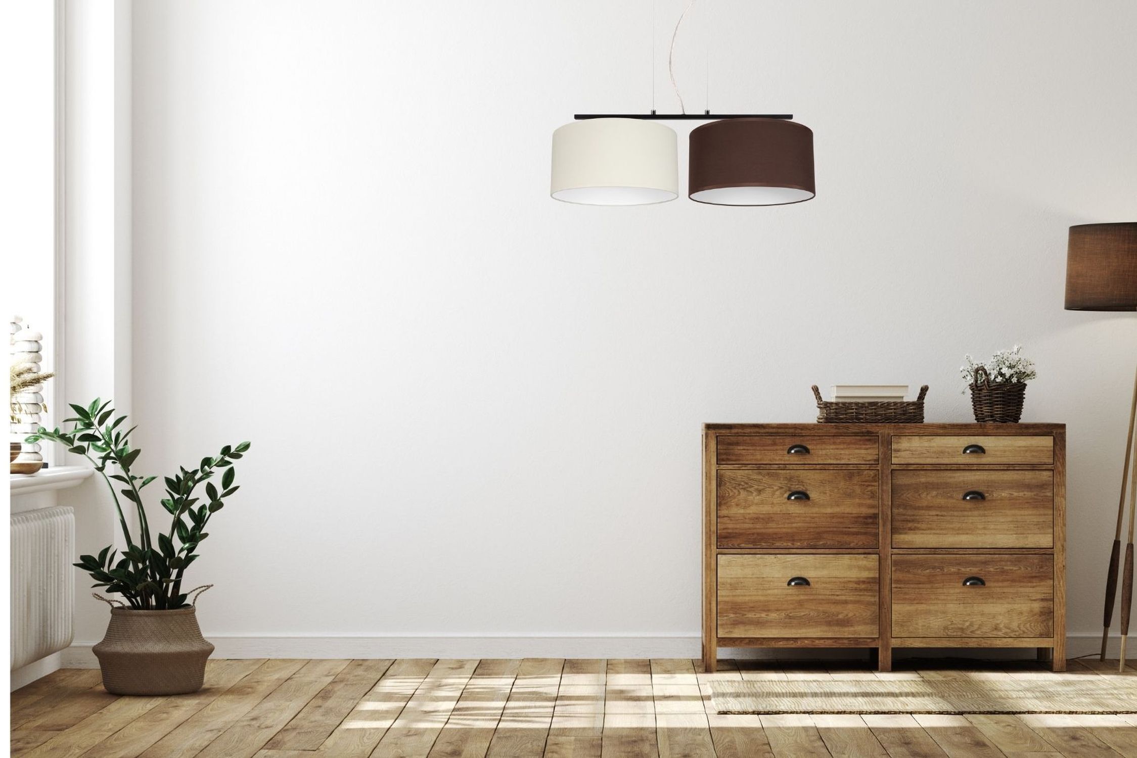 Suspension allongée 2 flammes tissu écru marron E27