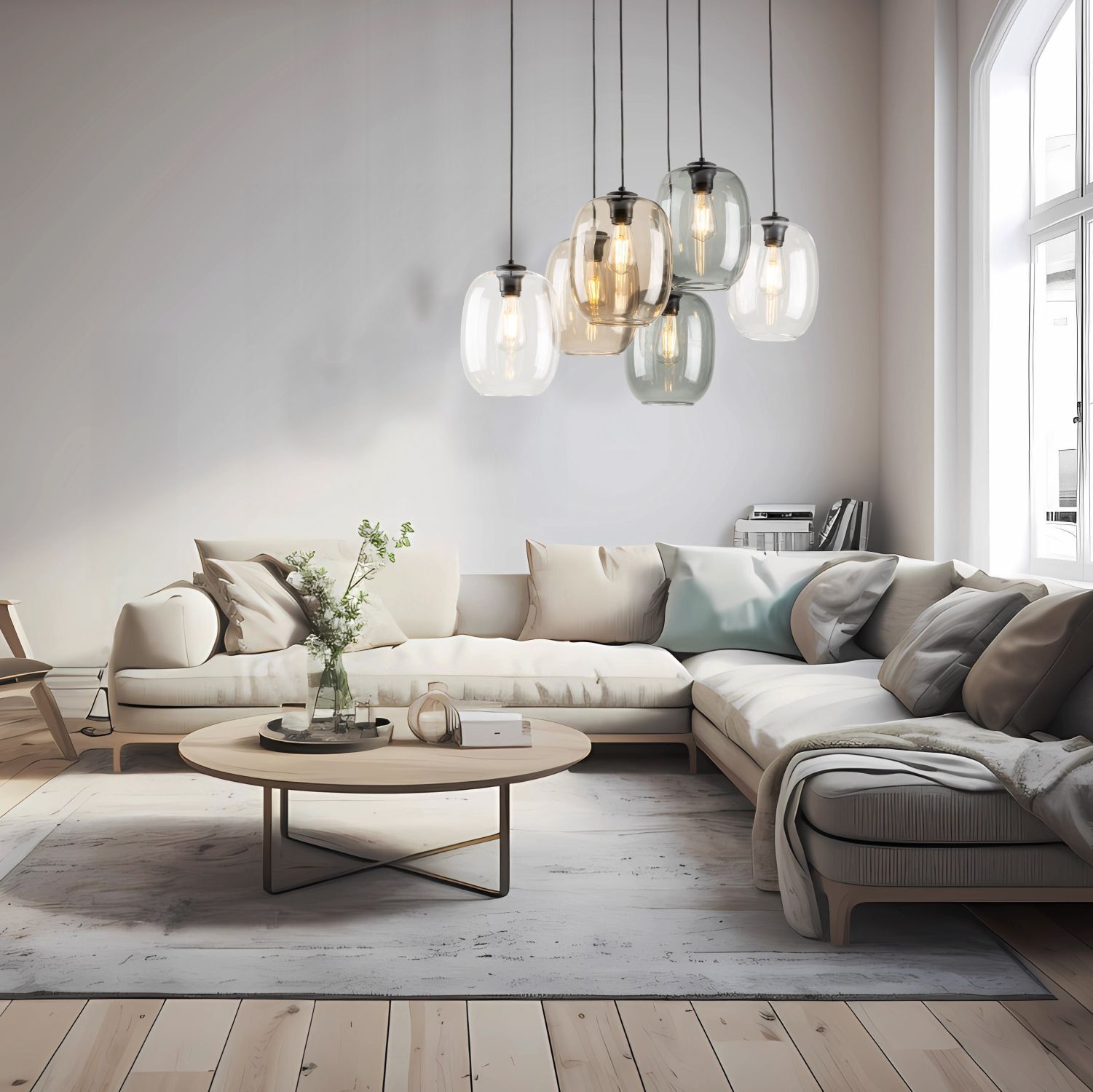 Suspension verre fumé métal L : 70 cm H : max. 1,3 m 6x E27 Dekoration für Zuhause, Tabelle, Couch, Kaffeetisch, Wohnzimmer