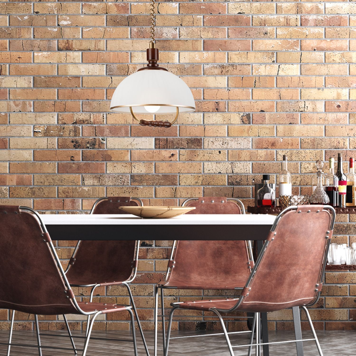 Runde Hängelampe Glas Holz E27 Ø30 cm in Haselnuss Weiß Ziegelwand, Esszimmer, Hängeleuchte, braune Stühle, Barbereich