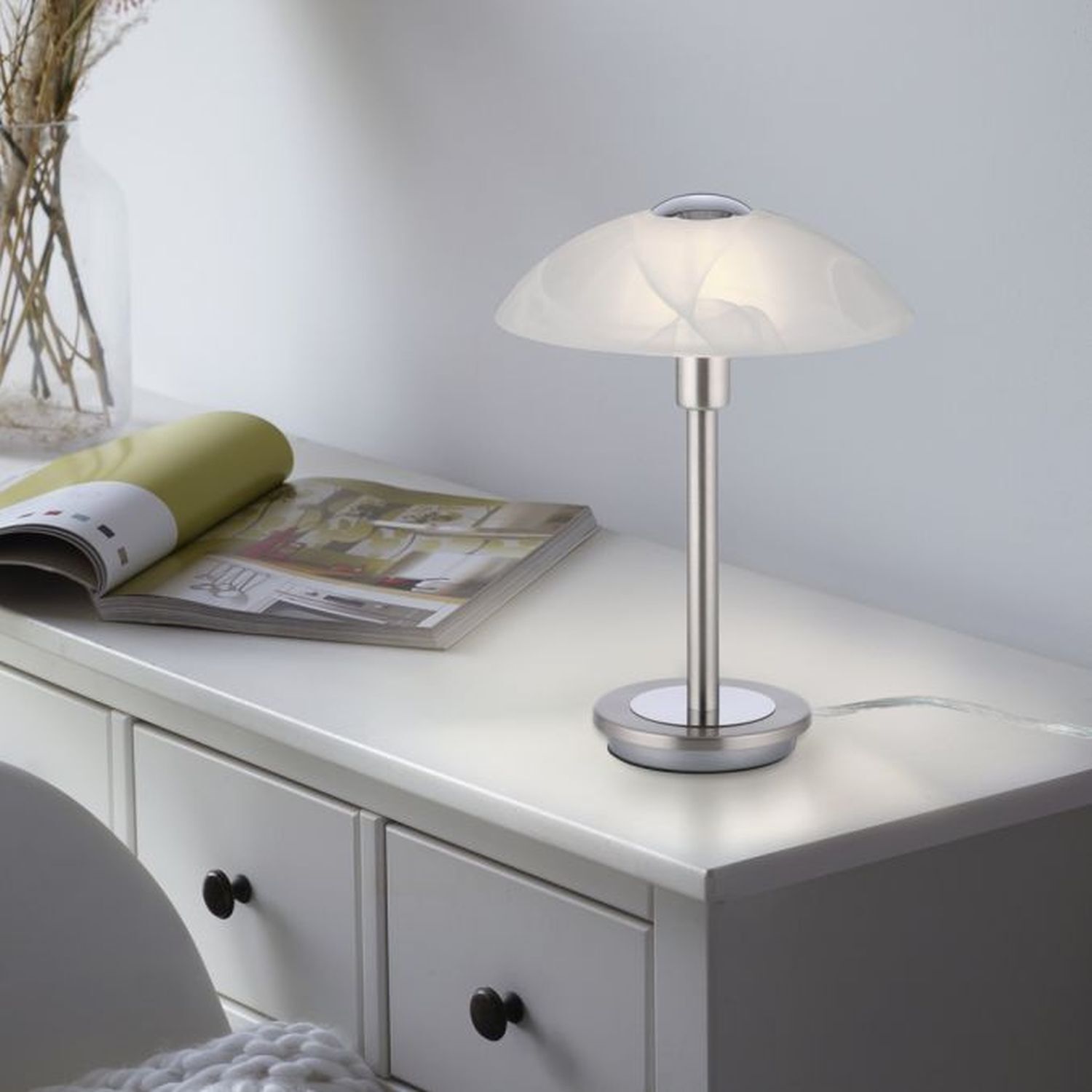 LED Tischleuchte dimmbar in Silber Alabasterglas 28 cm Lampe, Tischlampe, Buch, Veröffentlichung