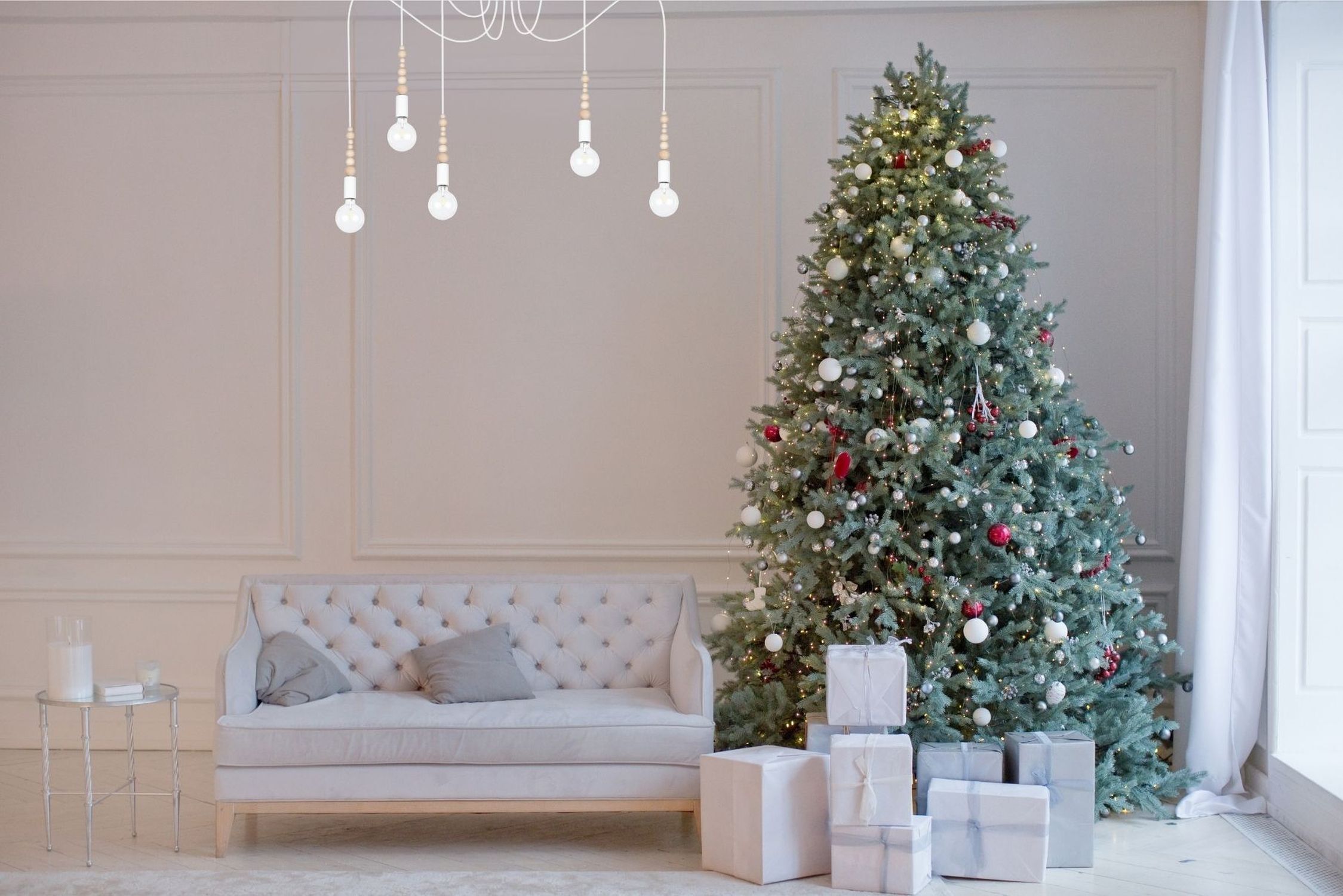 Große Spider Pendelleuchte Holz Metall E27 5-flmg Weiß Weihnachtsbaum, Tannenbaum, Geschenke, Wohnzimmer, Dekoration