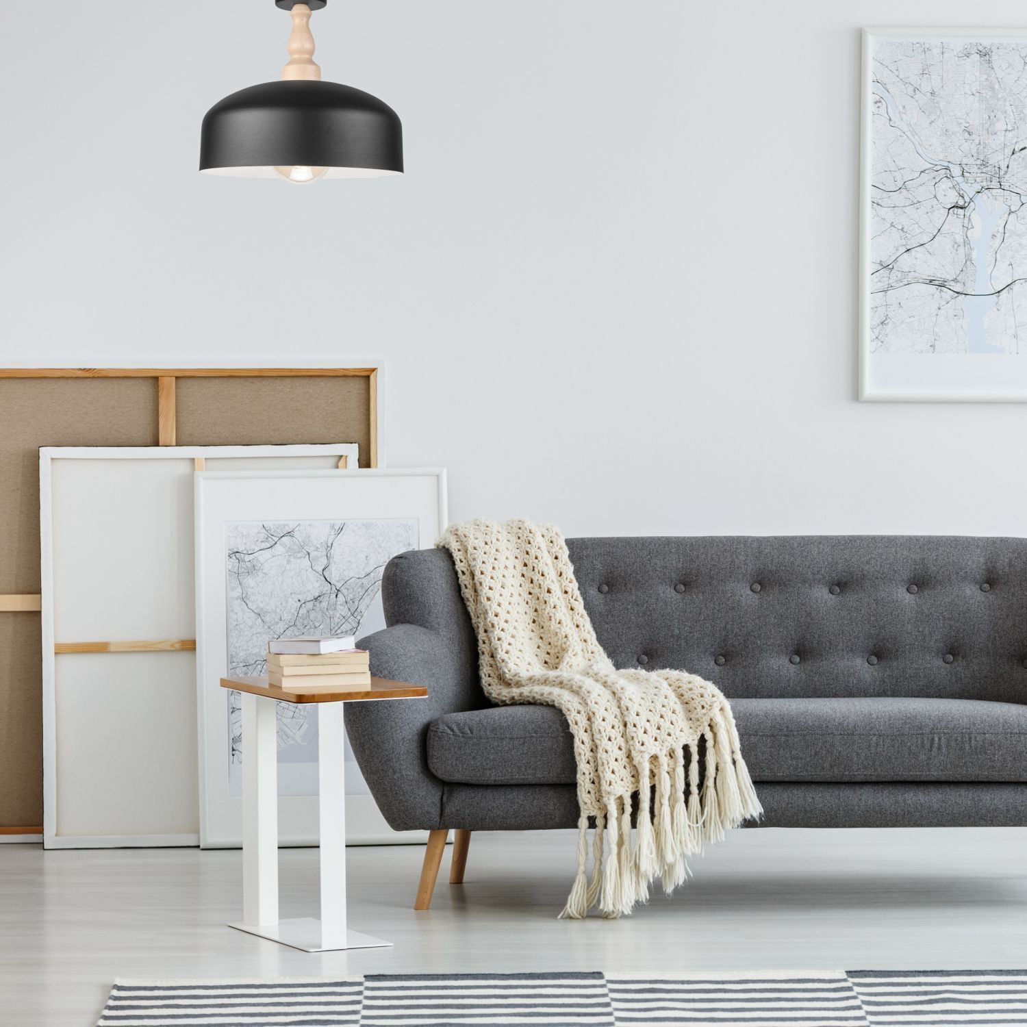 Plafonnier Noir Métal Bois E27 Ø 30 cm Scandinave