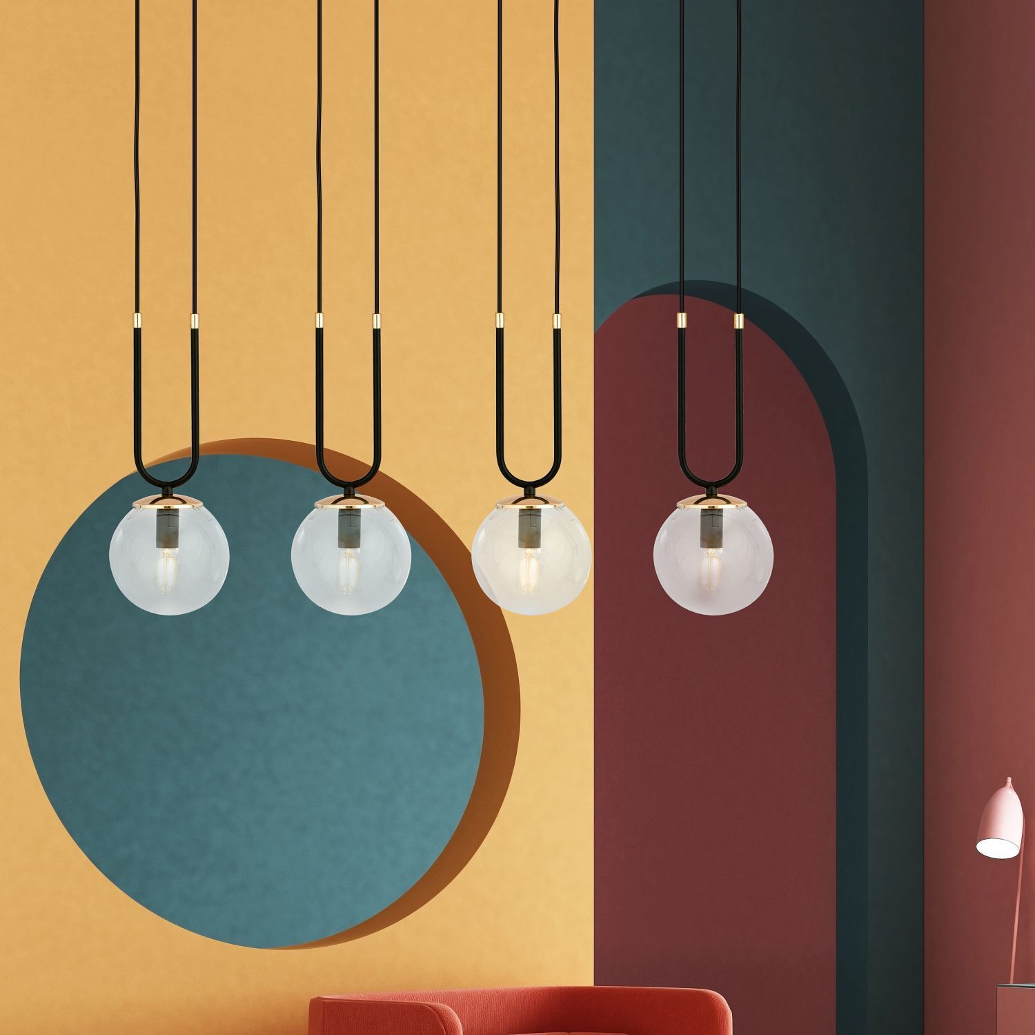 Suspension 4 flammes E14 verre métal L : 92 cm noir or