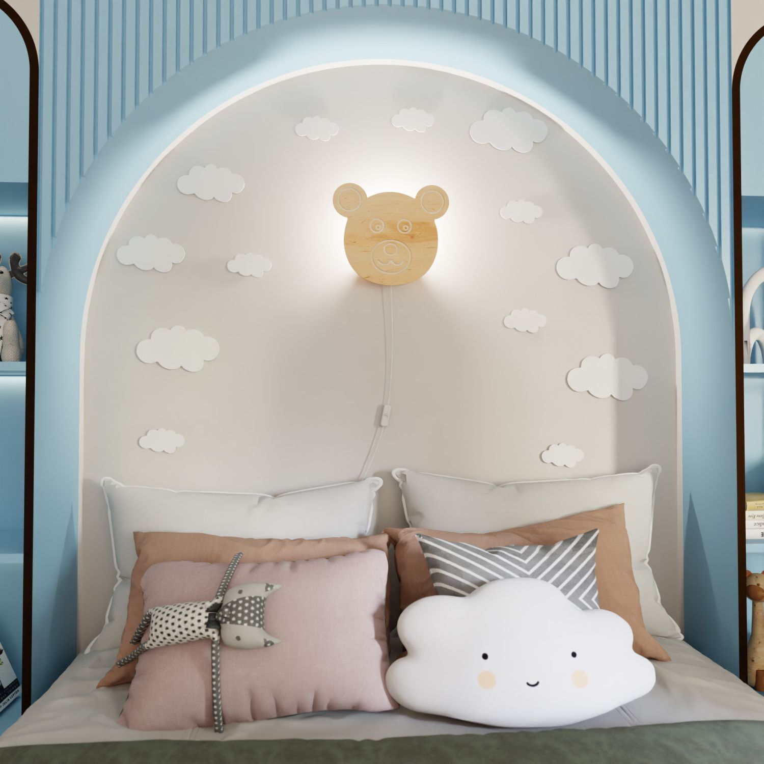 Wandleuchte Kinder mit Schalter Stecker Bär Holz hell E14 Kissen, Dekoration für Zuhause, Innenarchitektur, Mobiliar