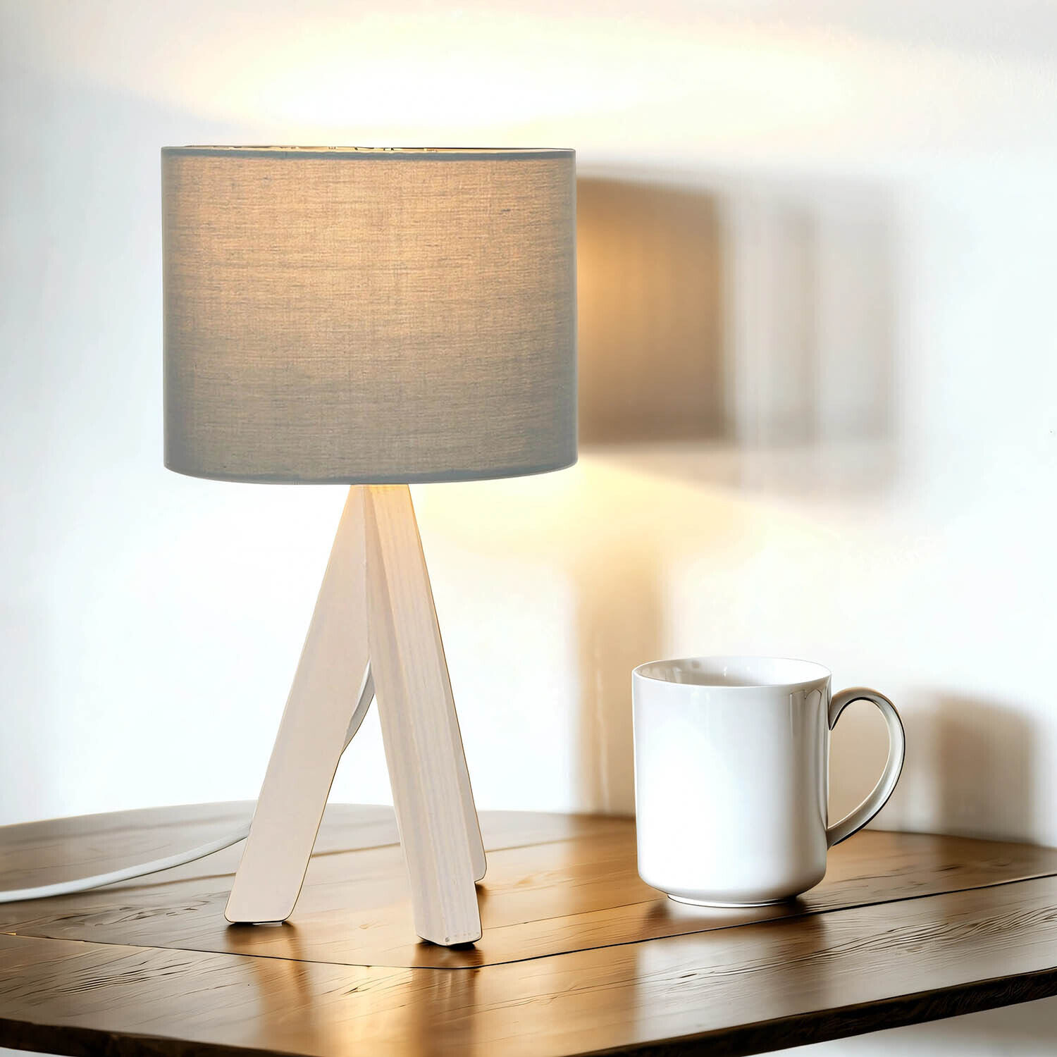 Noble lampe de table en bois Abat-jour en tissu gris 31cm Ø17cm Lampe, Tischlampe, Tasse