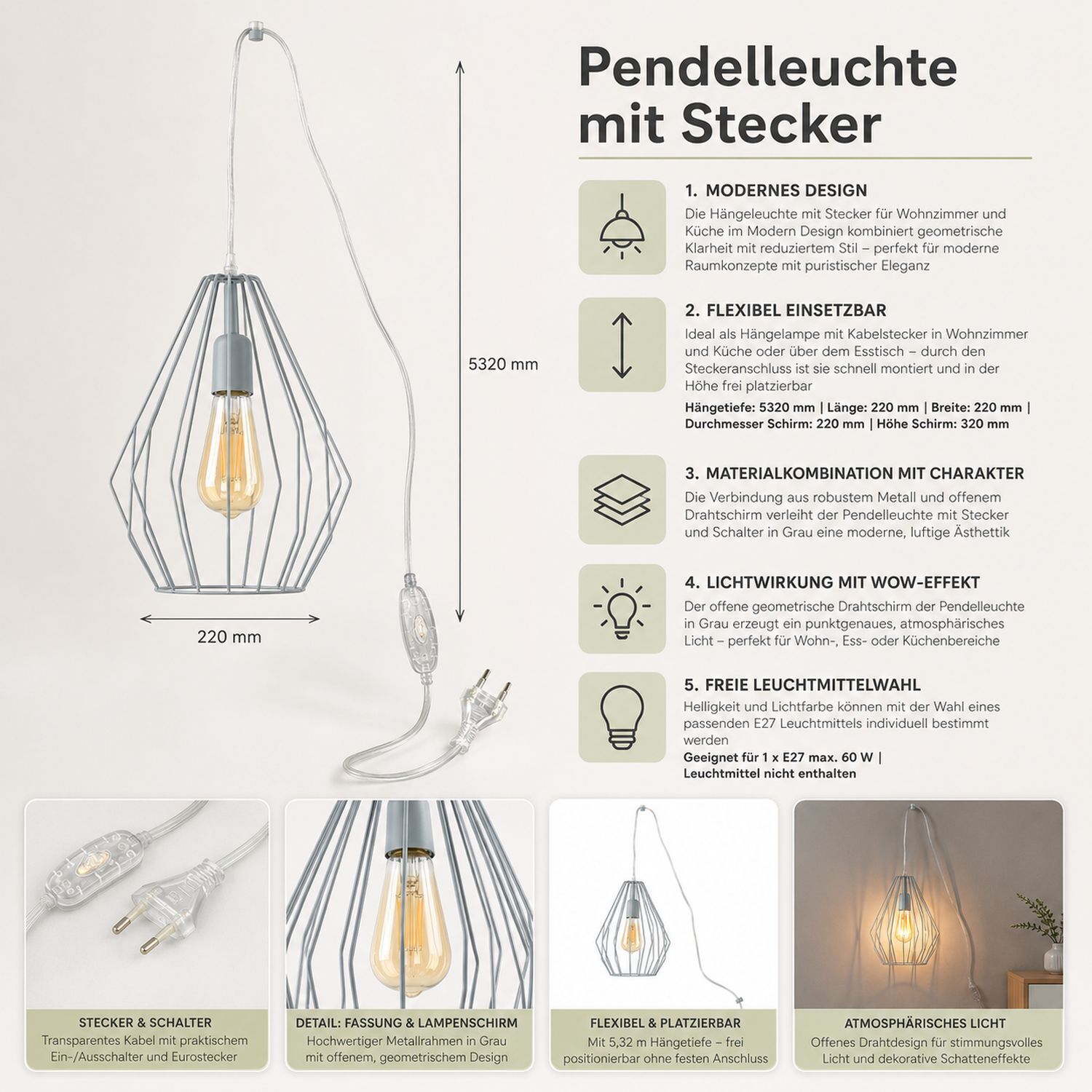 pendelleuchte-haengelampe-mit-stecker-kabel-schalter-draht-gestell-metall-grau-3 hängelampe, pendelleuchte, metall, e27, glühbirne