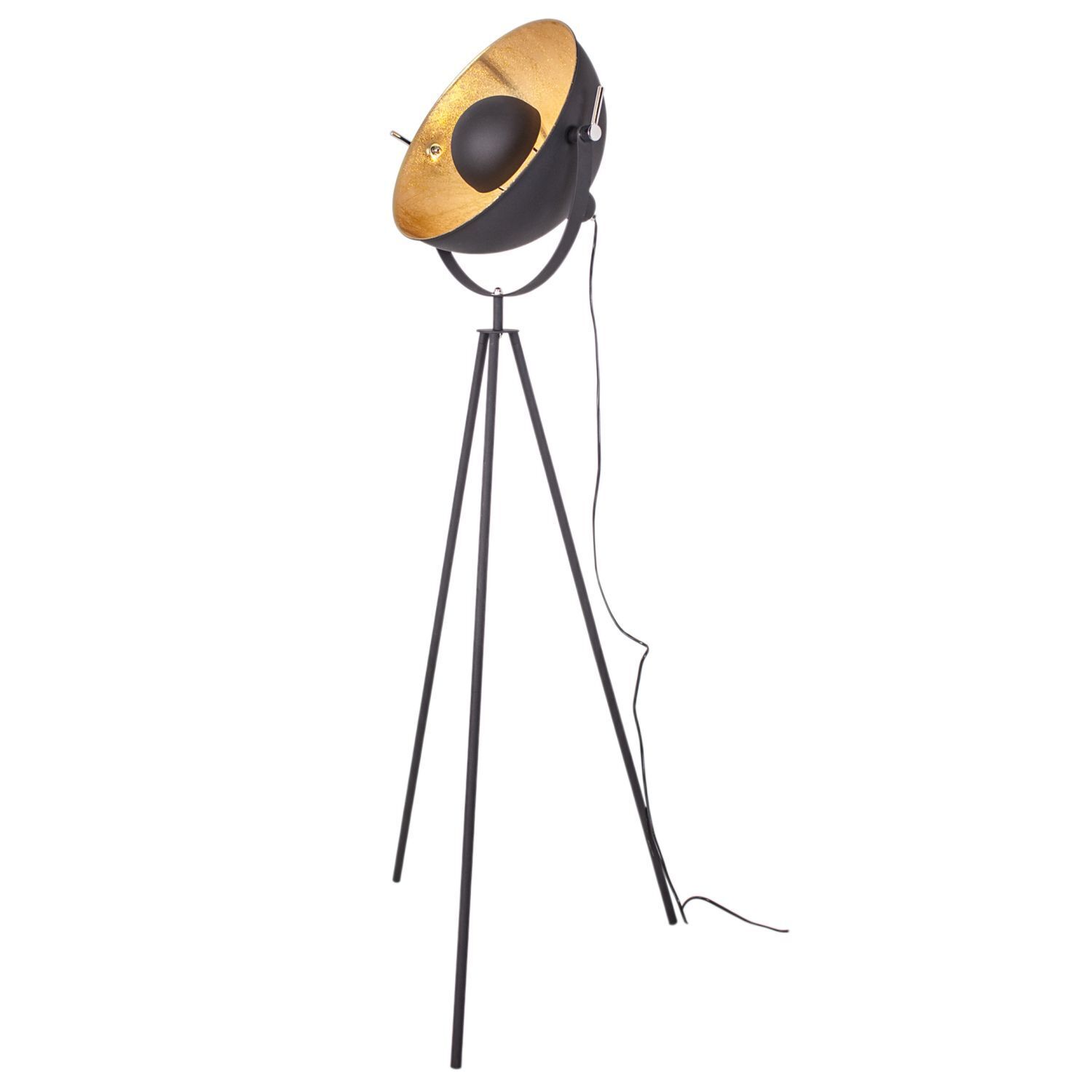 Stehlampe, Schwarz, Metall, Dreibein, Holzoptik