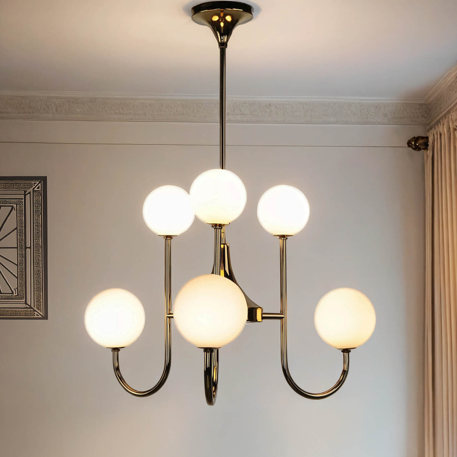 Plafonnier Art Nouveau laiton verre doré 6 flammes Leuchter, Lampe, Deckenleuchte