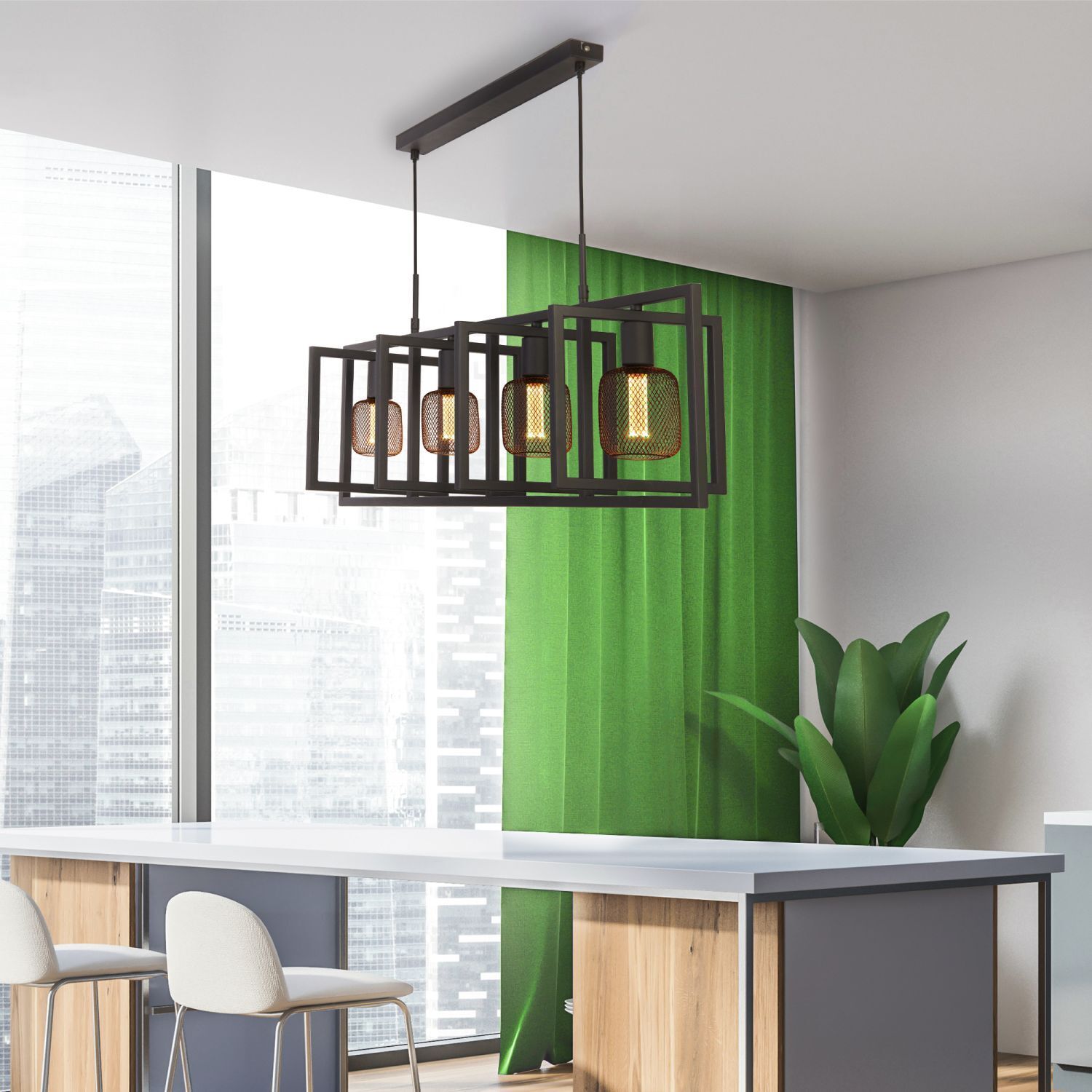 Lampe suspendue 4 flammes E27 noir métal design rétro