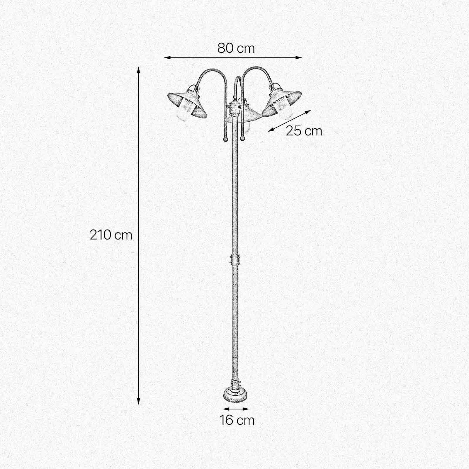 Lampe d'allée grande 2,1 m laiton verre IP44 3-flamme E27