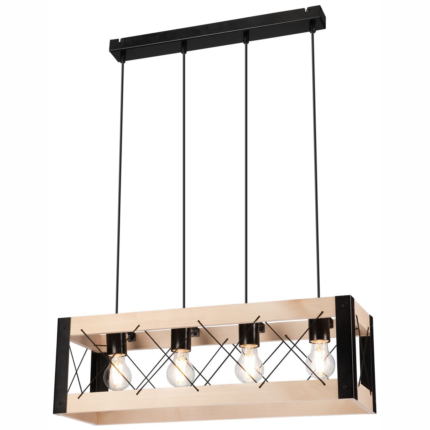 Suspension Bois Métal 4x E27 L : 63 cm Noir Naturel Rustique