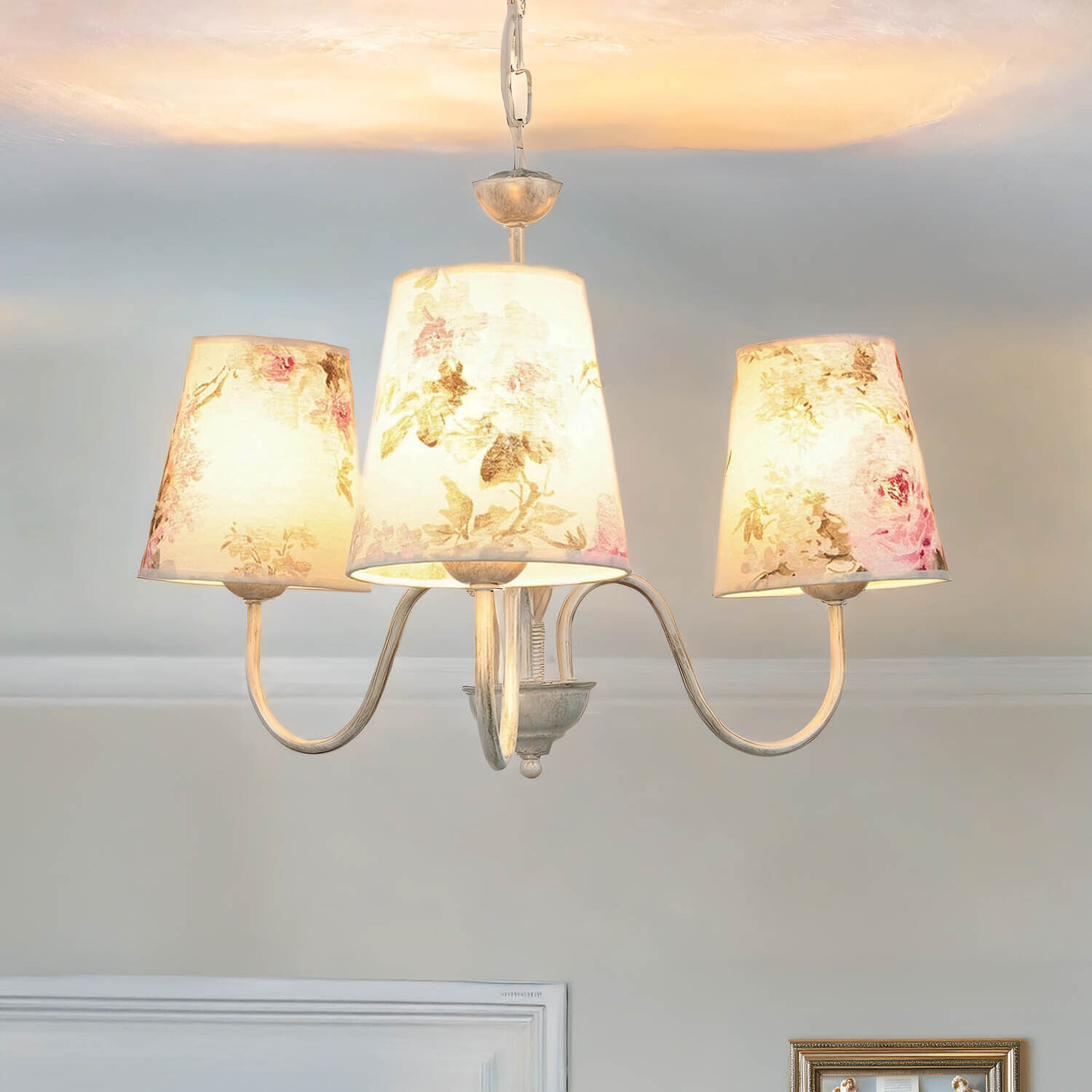 Lampe tissu 3-flmg table à manger campagnarde fleurie