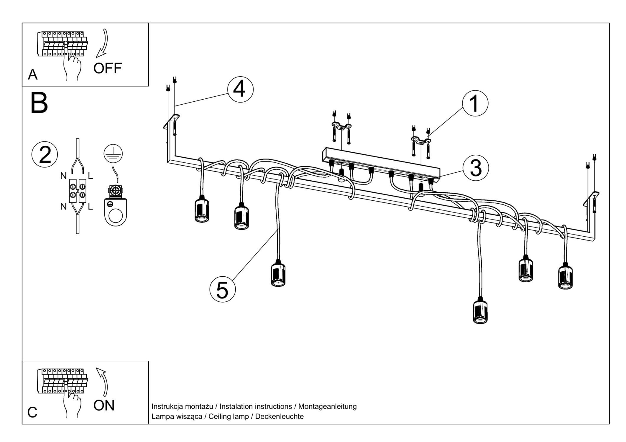Grande lampe à suspendre 150 cm 6 suspensions réglables Noir E27