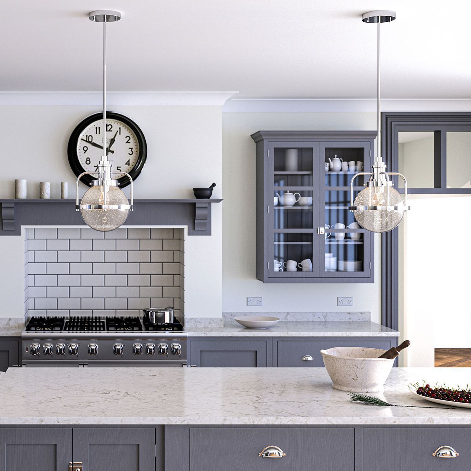 küche, Gasherd, Insel, graue Schränke, subway Fliesen