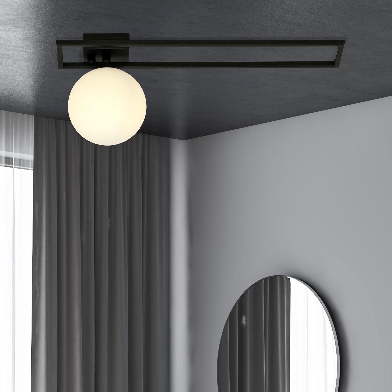 Plafonnier noir blanc E14 50 cm Abat-jour sphérique verre métal