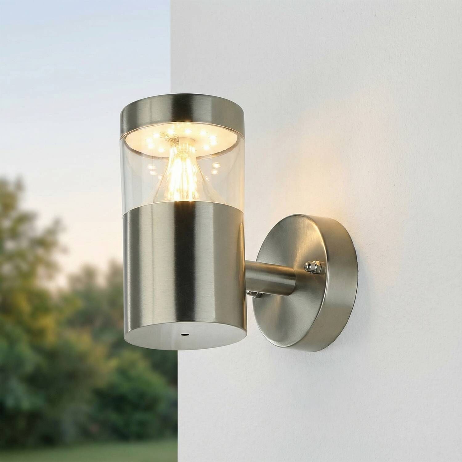 Außenwandlampe, Wandleuchte, Stahloptik, Glasschirm, Edison-Glühlampe