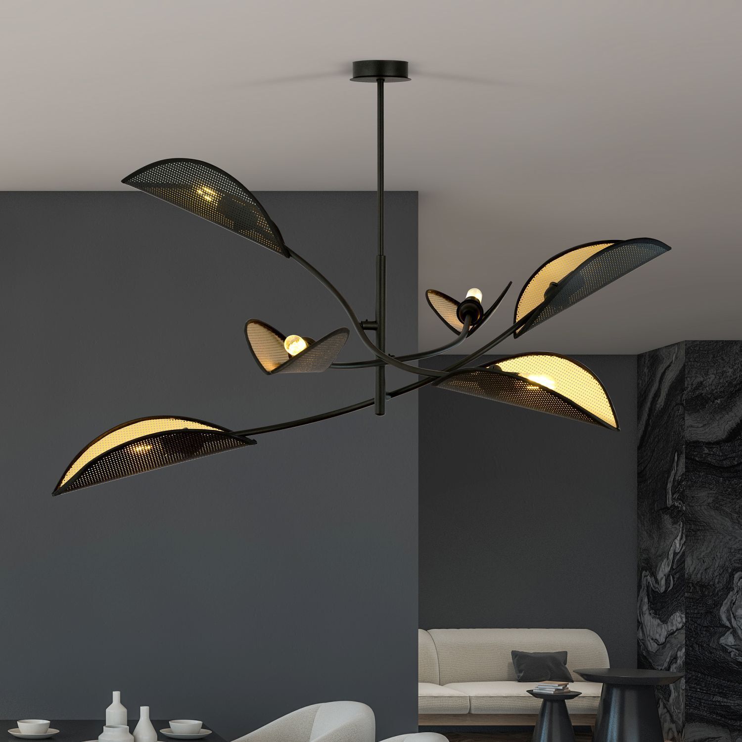 Plafonnier noir or L : 102cm pivotant tissu métal 6xE14