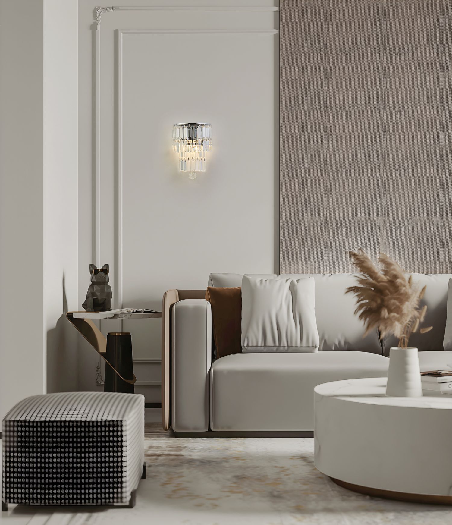 de, Wohnzimmer, Wandlampe, Kissen, Sofa, Tisch, Dekoration, Beleuchtung, Korbstuhl