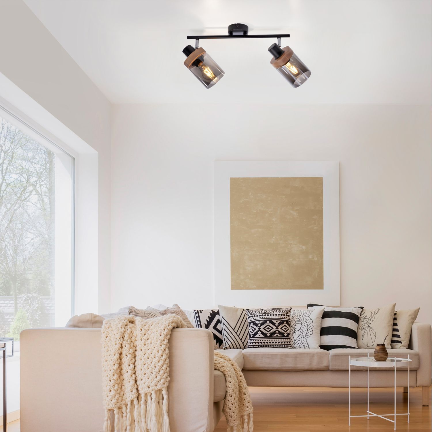 Spot mobile de plafond verre fumé bois E27 L:64 cm Dekoration für Zuhause, Drinnen, Innenarchitektur