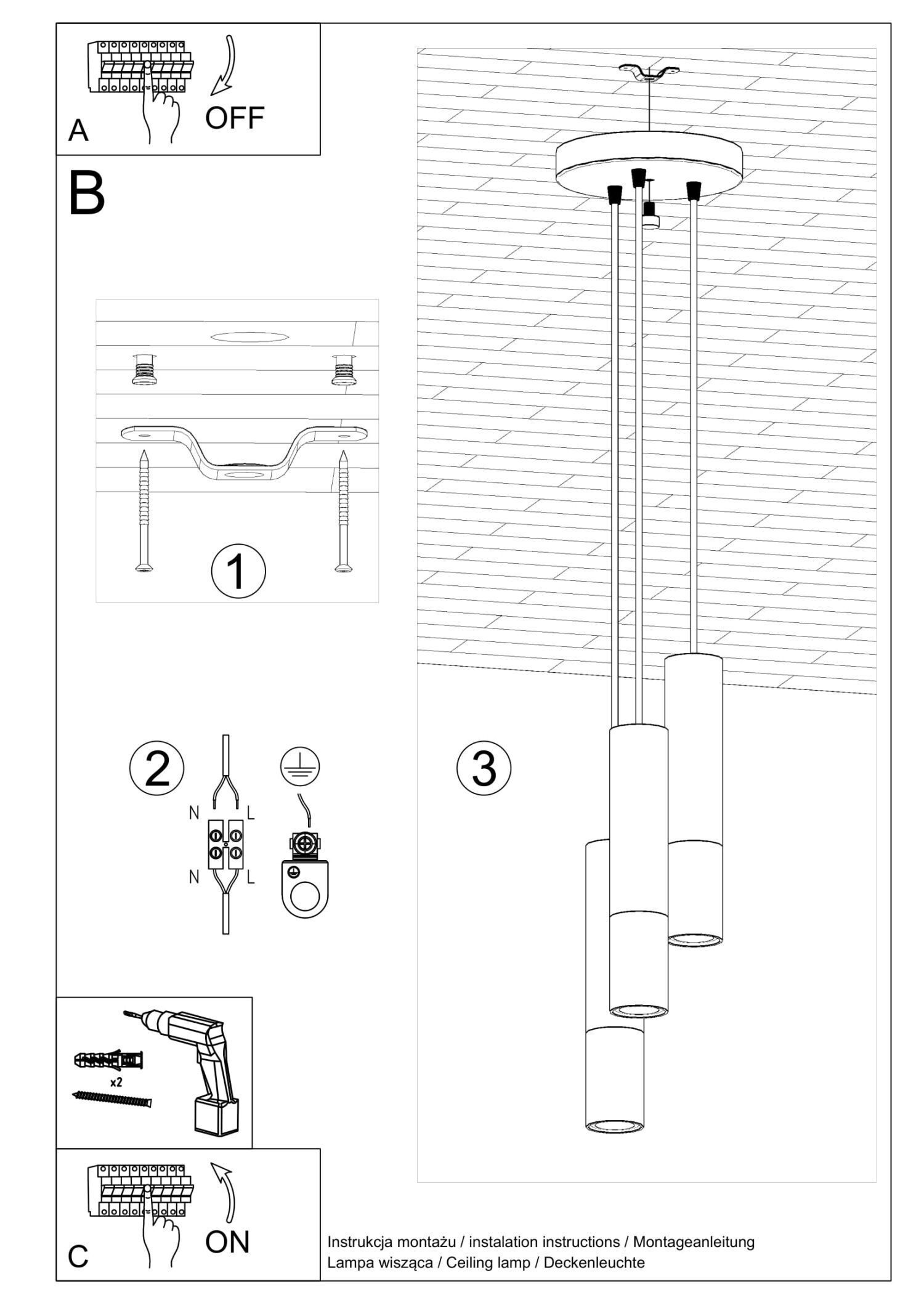 Lampe à suspendre noire cuivre 3 flammes réglable en hauteur