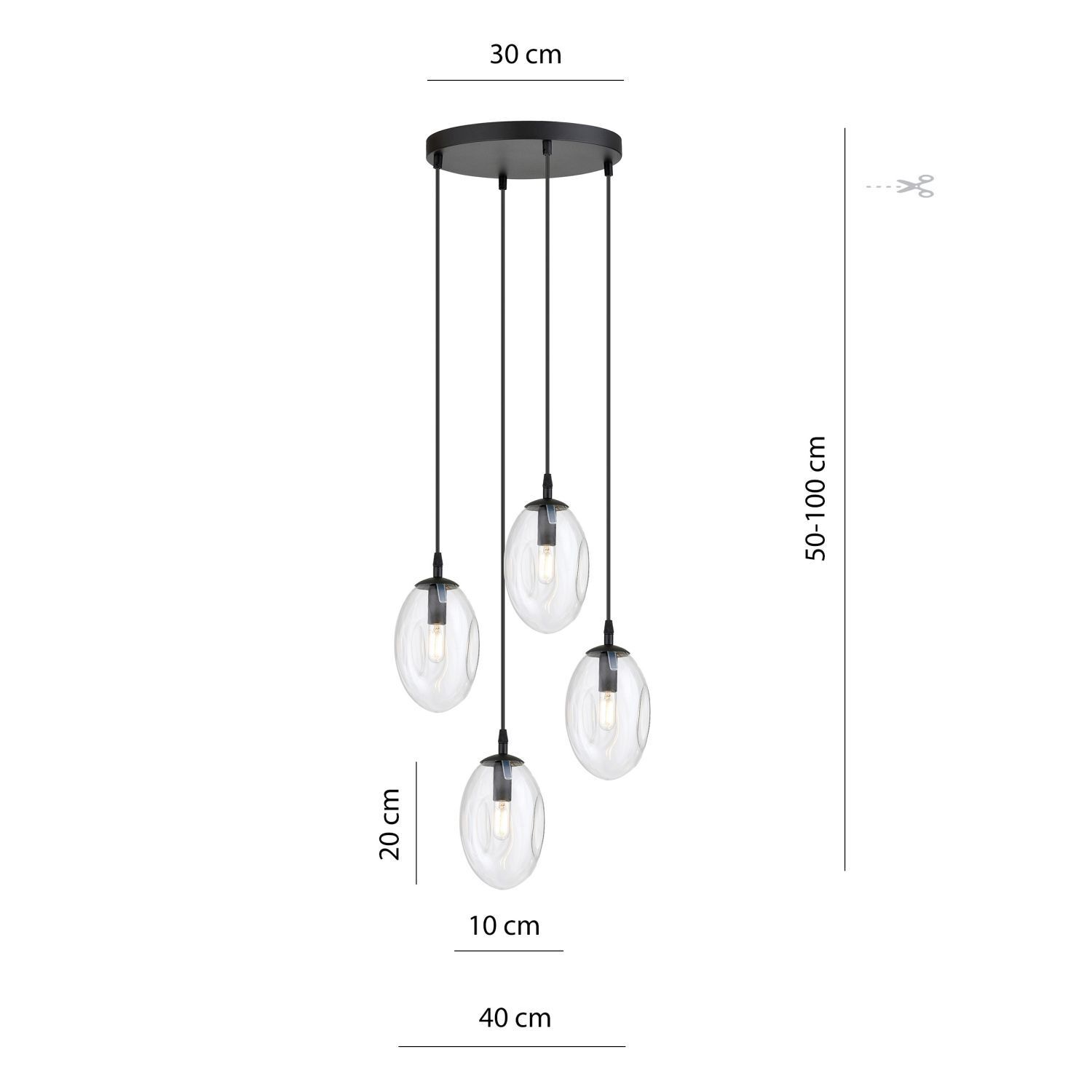 Suspension verre métal ajustable 4 flammes E14
