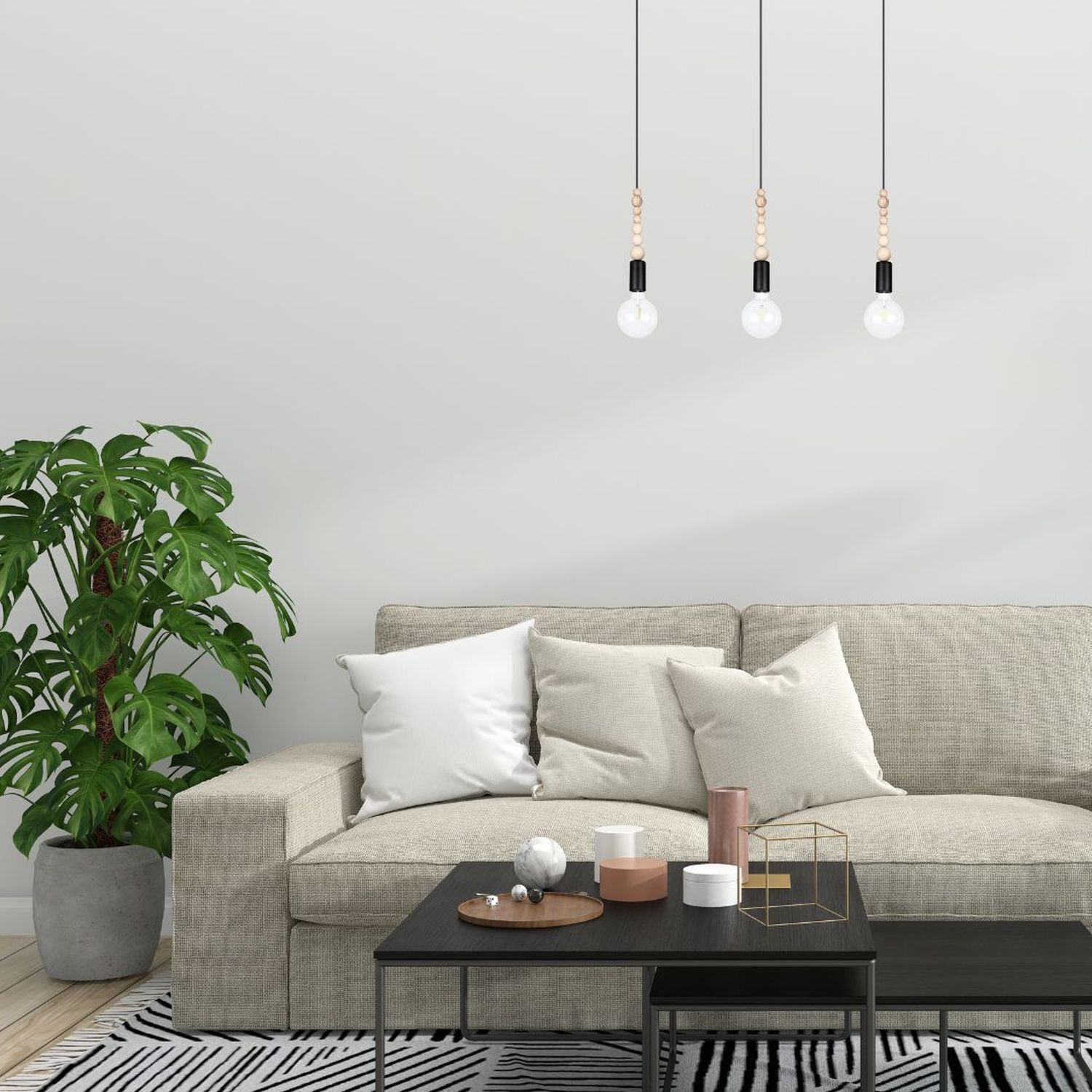 Wohnzimmer, Sofa, Beistelltisch, Pflanze, Hängelampen