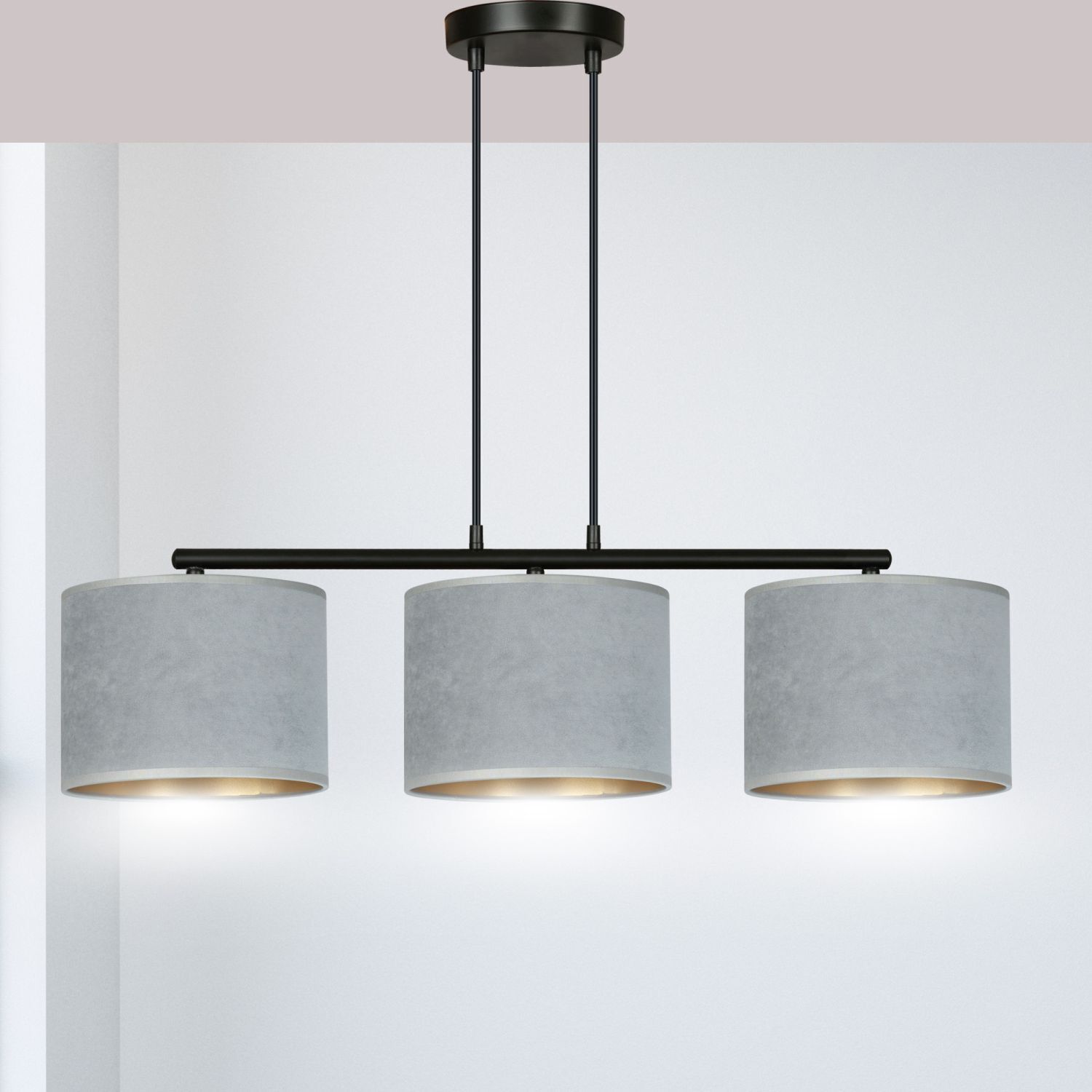 Suspension Métal Tissu L : 72 cm Noir Gris Or E27 Leuchte, Lampe, Deckenleuchte, Kronleuchter