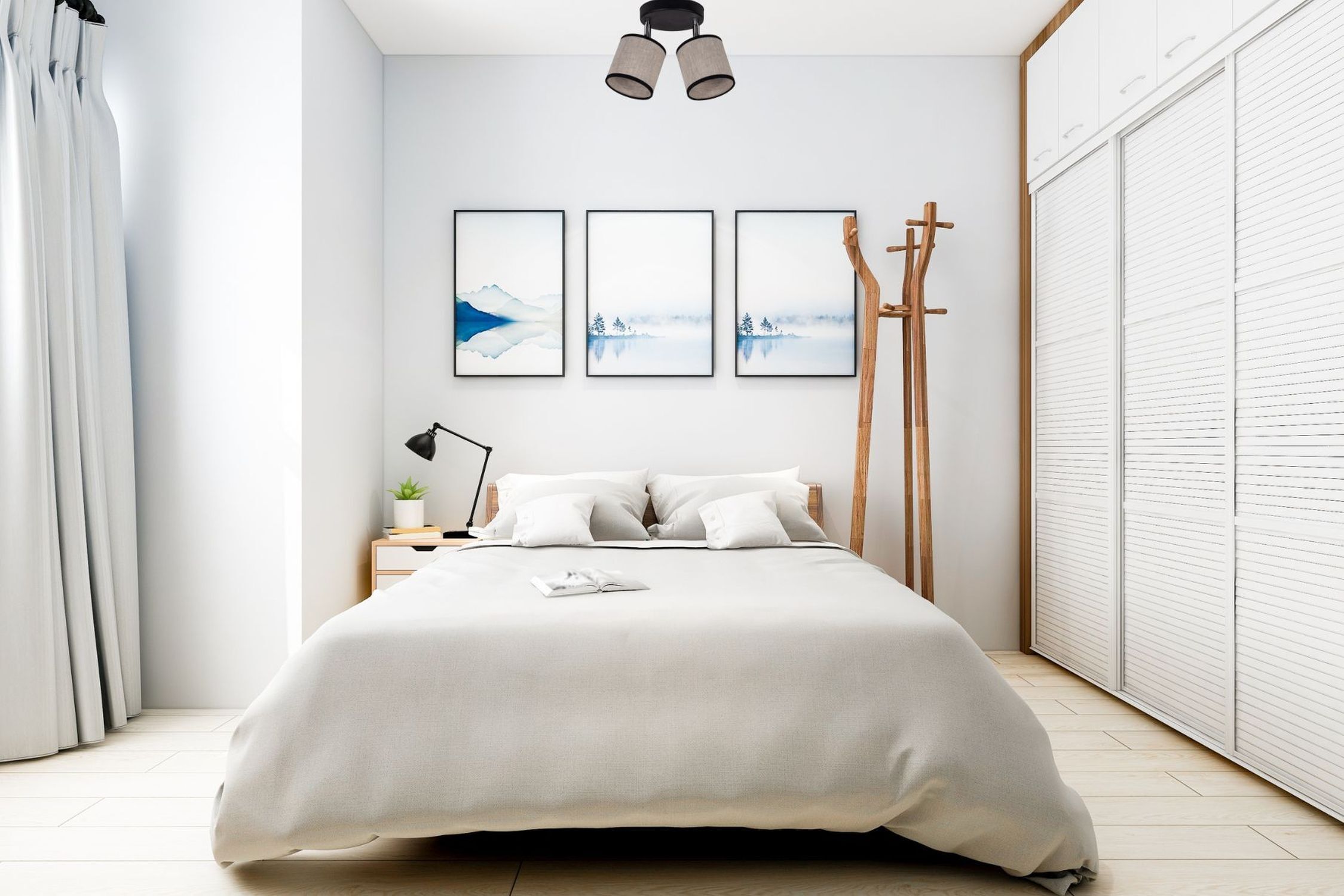 Verstellbarer Deckenstrahler blendarm Stoff E14 2-flmg Schlafzimmer, Bett, weiße Bettwäsche, Stehlampe, Wandbilder