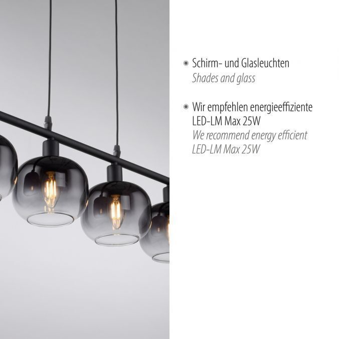 Suspension verre métal gris fumé noir E14 L:68 cm