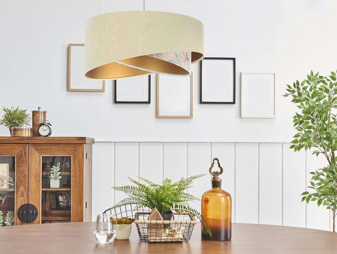 Suspension ronde D : 50 cm E27 Tissu en beige crème or