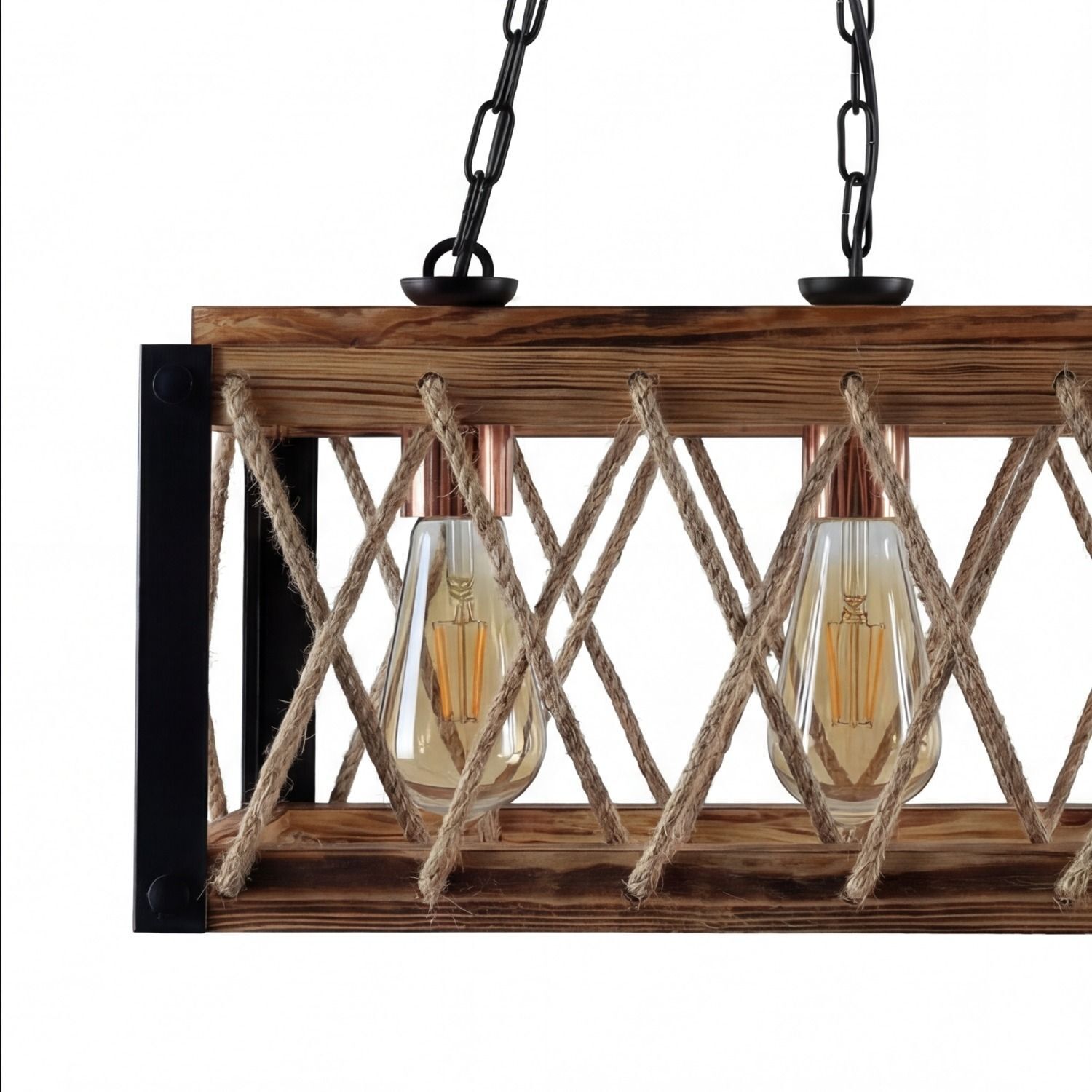 Hängeleuchte, Holzrahmen, Seilnetz, Glühbirne, Industrial