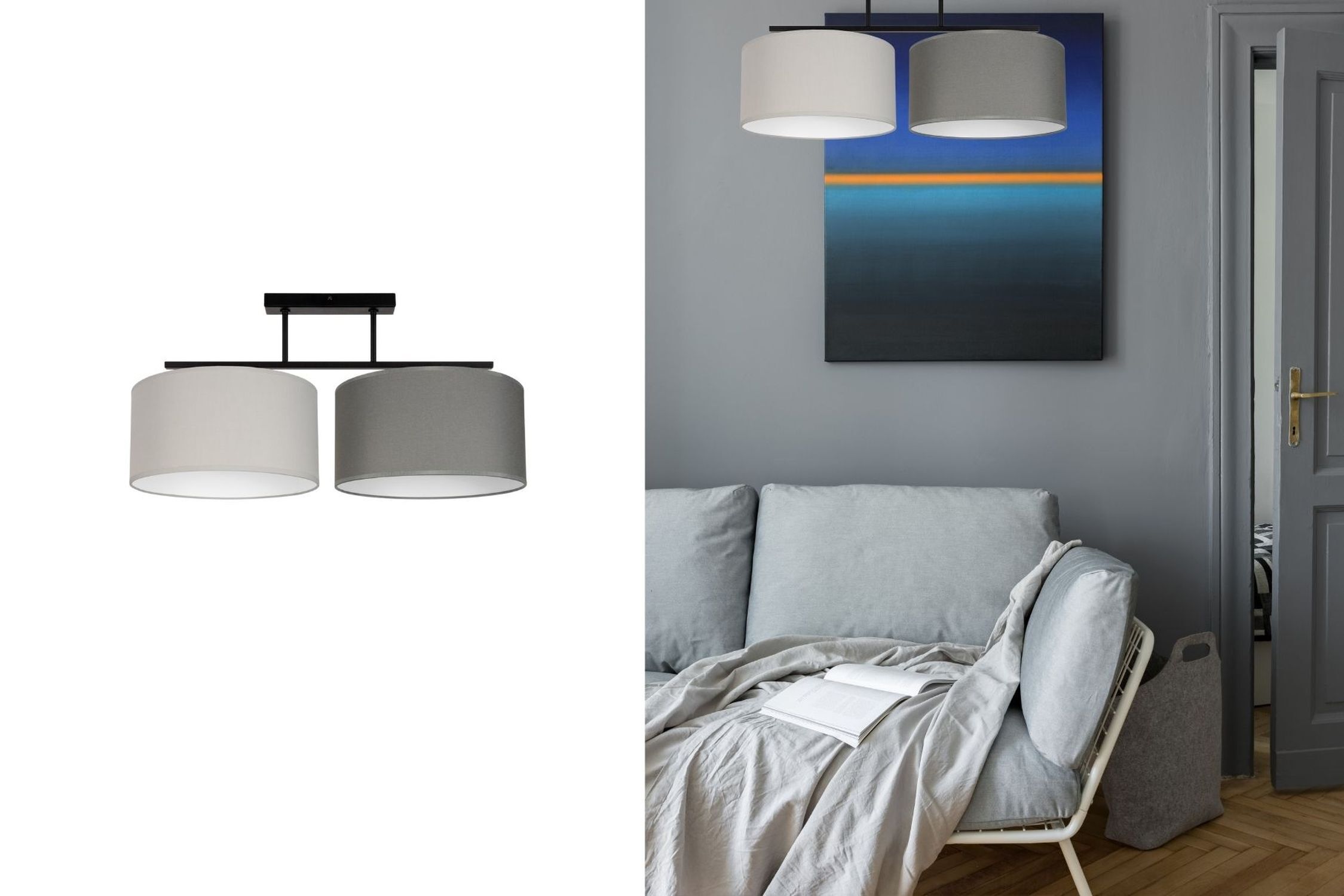Gemütliche Deckenlampe Stoff Grau Graphit E27 L:70 cm deckenleuchte, lampenarmatur, zwei-schirm-lampe, grau, hanging light