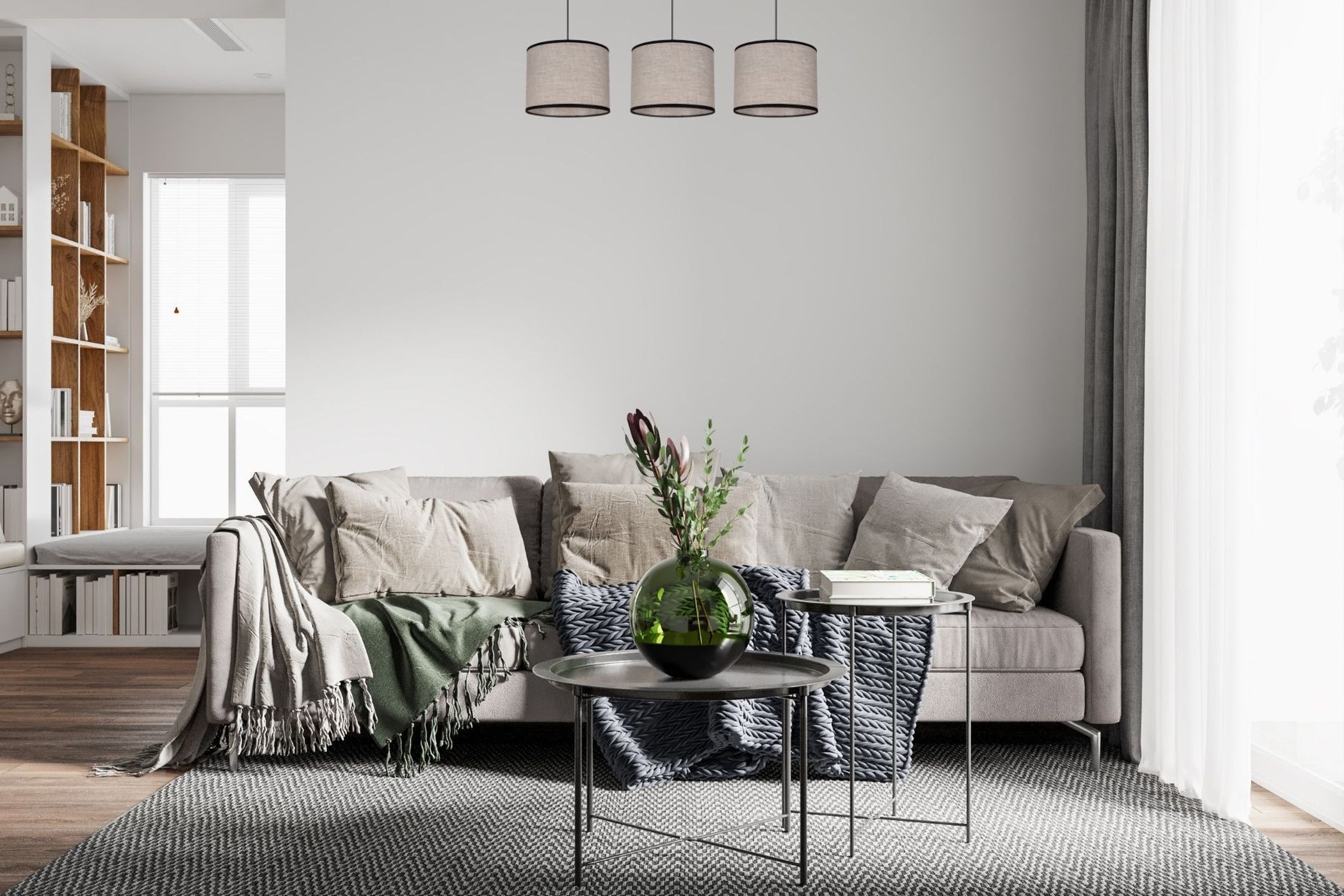 Suspension Tissu Noir Beige E27 70 cm long 3-flmg