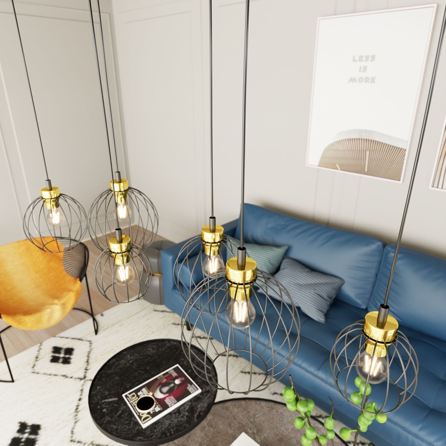 Längliche Pendelleuchte Schwarz Gold 6-flammig elegant Hängelampe, Wohnzimmerlampe, Kugelkorb-Design, Metalllampe, Industrieller Stil