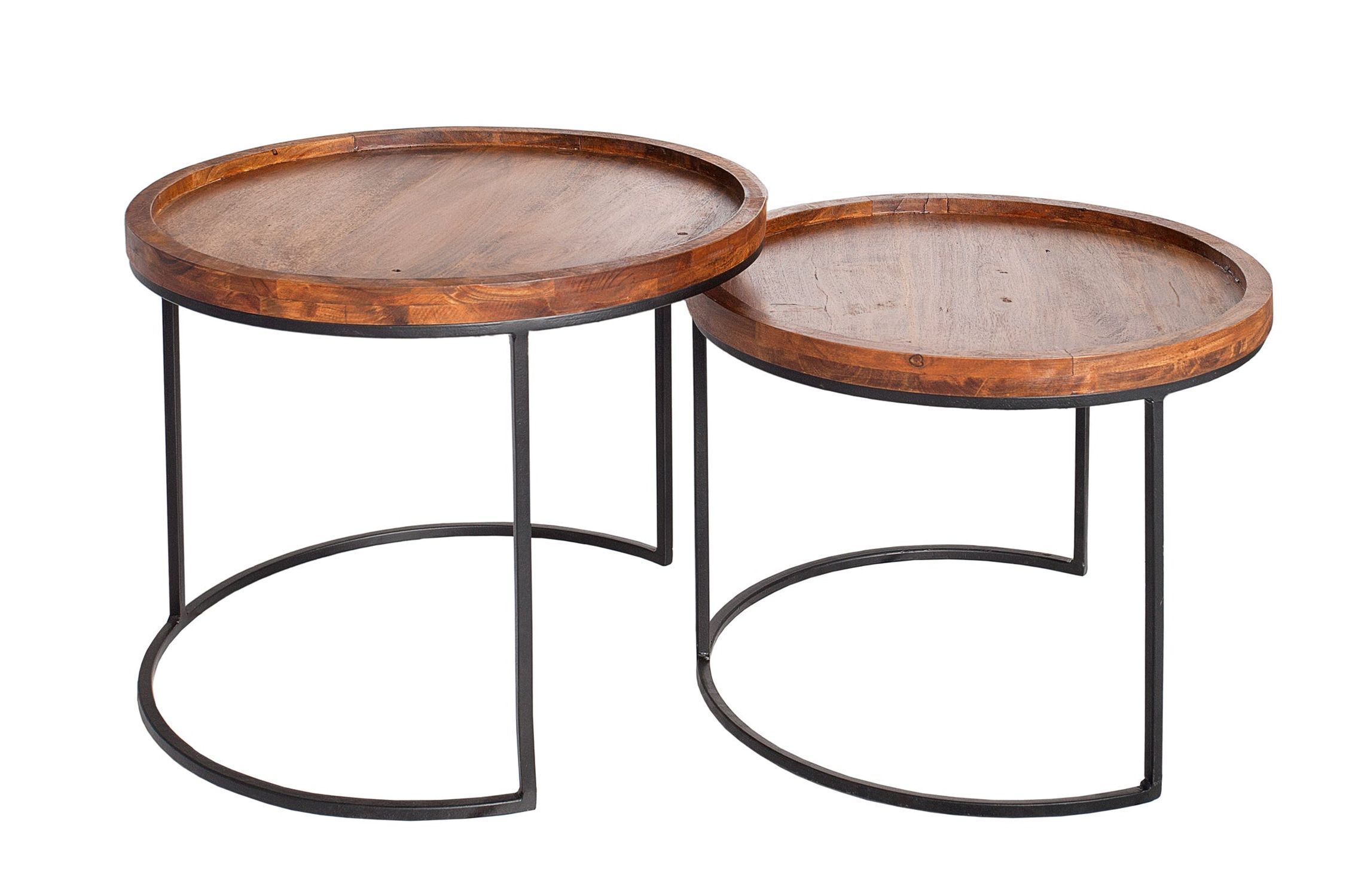Set de 2 tables d'appoint en bois d'acacia métal rond