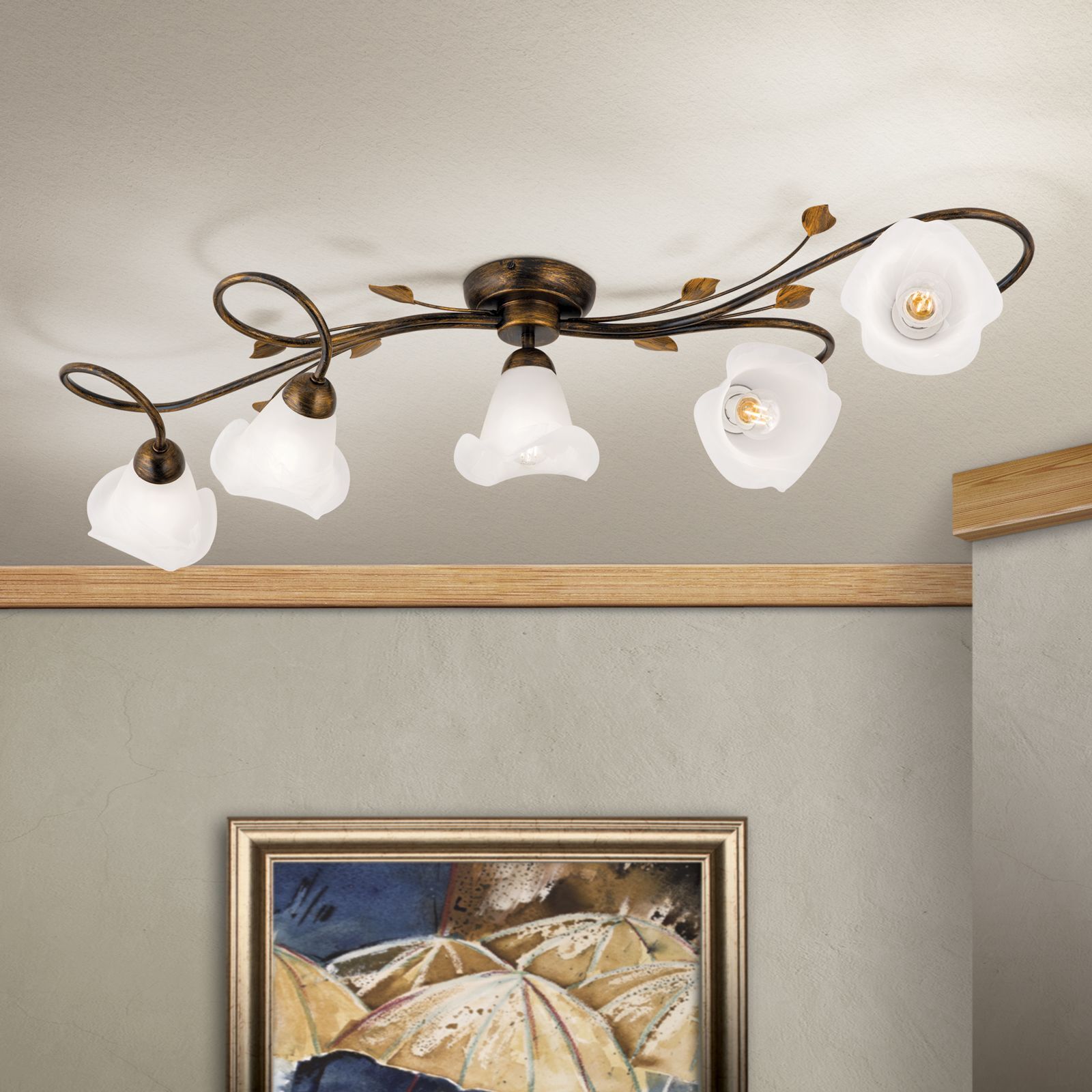 Deckenlampe Glas Metall E14 Shabby Antik Weiß Kronleuchter, Deckenleuchte, Blumen-Schirme, Bronze-Finish, fünf Leuchten
