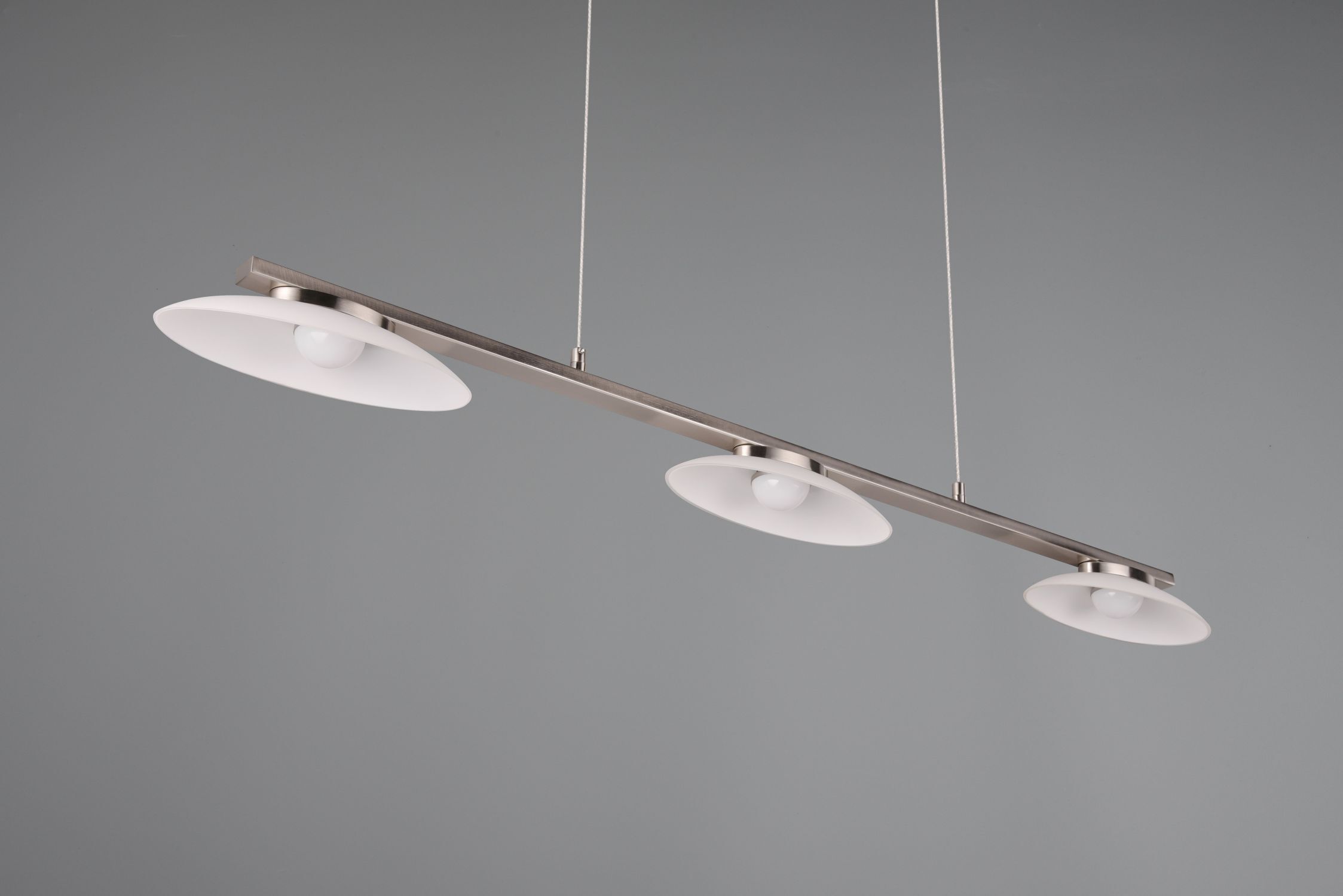 Suspension LED métal verre nickel 3 flammes 102 cm